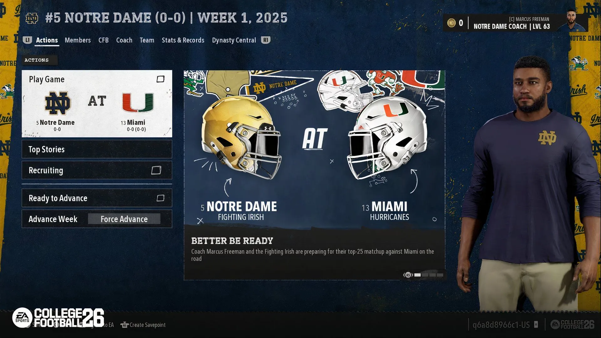 Huấn luyện viên Freeman chỉ đạo đội bóng trong chế độ Dynasty của EA Sports College Football 26.
