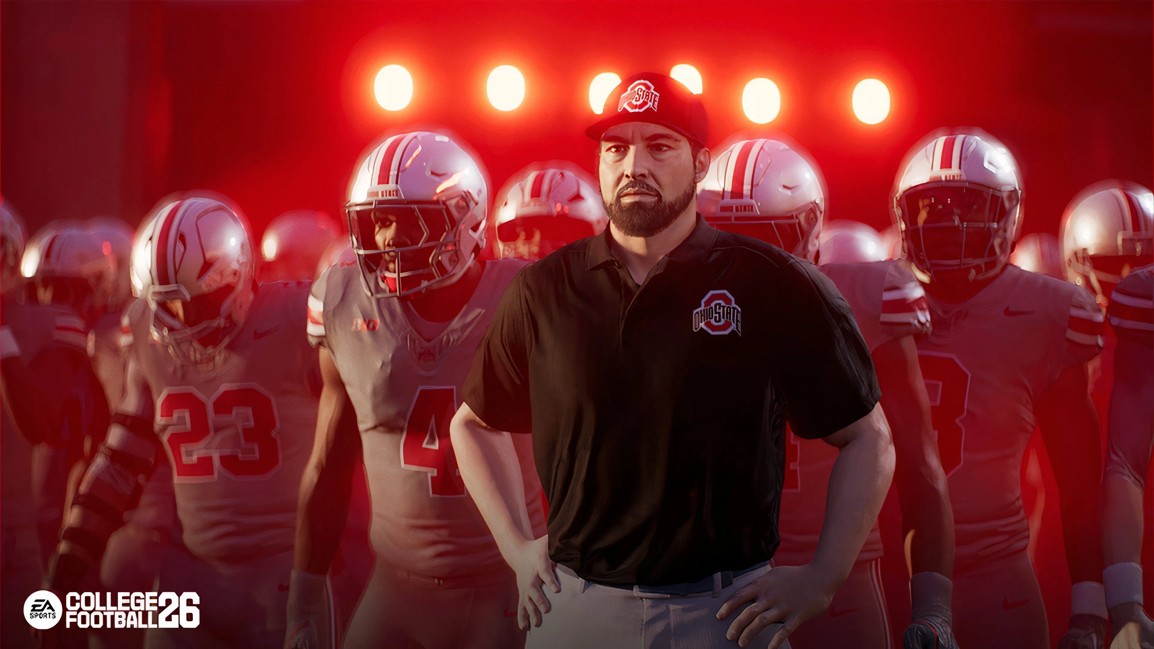 Huấn luyện viên Ryan Day trên sân đấu trong EA Sports College Football 26, với thiết kế nhân vật chân thực.