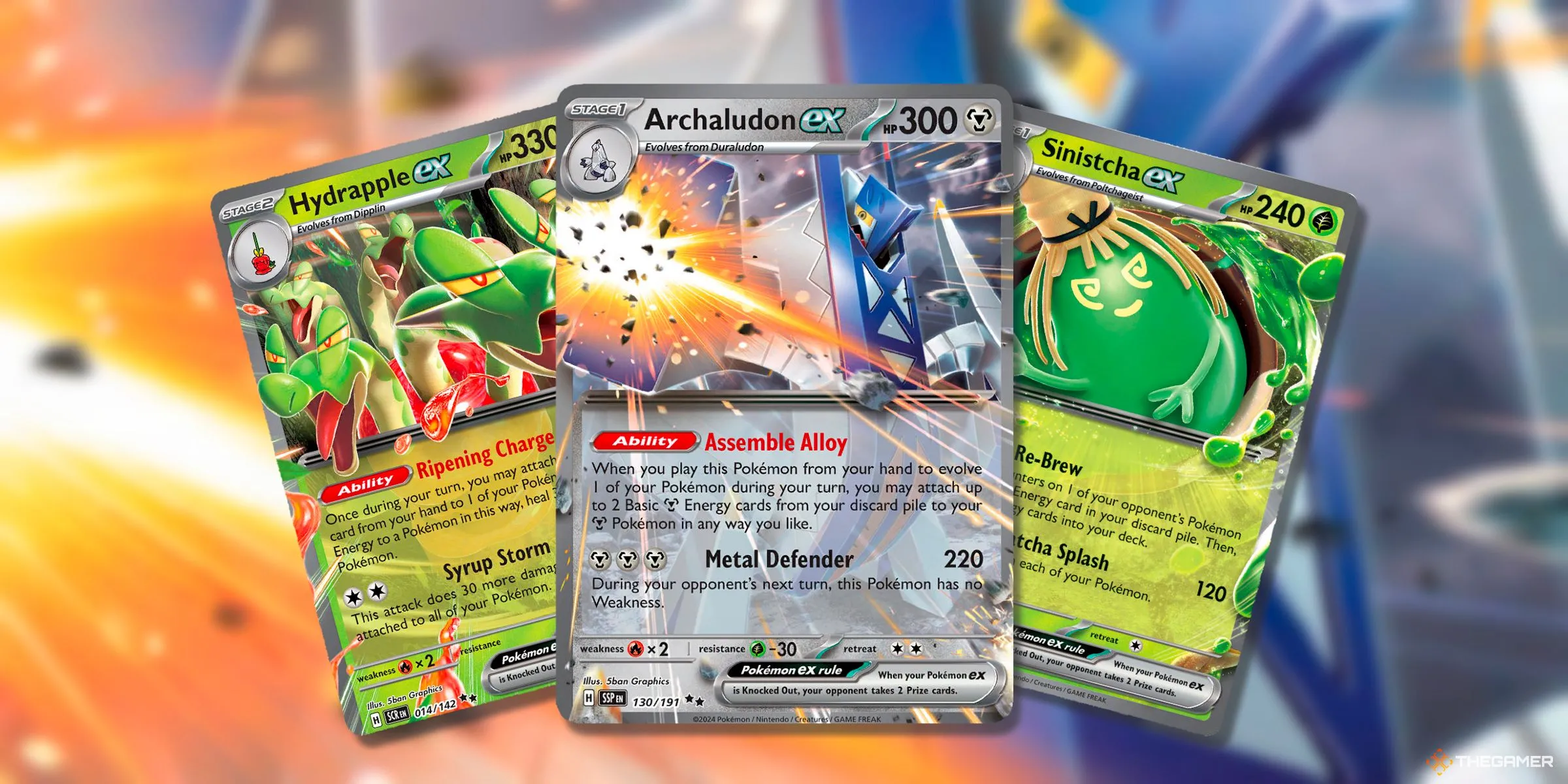 Hydrapple EX, Archaludon EX và Sinistcha EX, các Pokemon mới từ DLC Kitakami và Blueberry Academy trên thẻ bài Pokemon TCG.