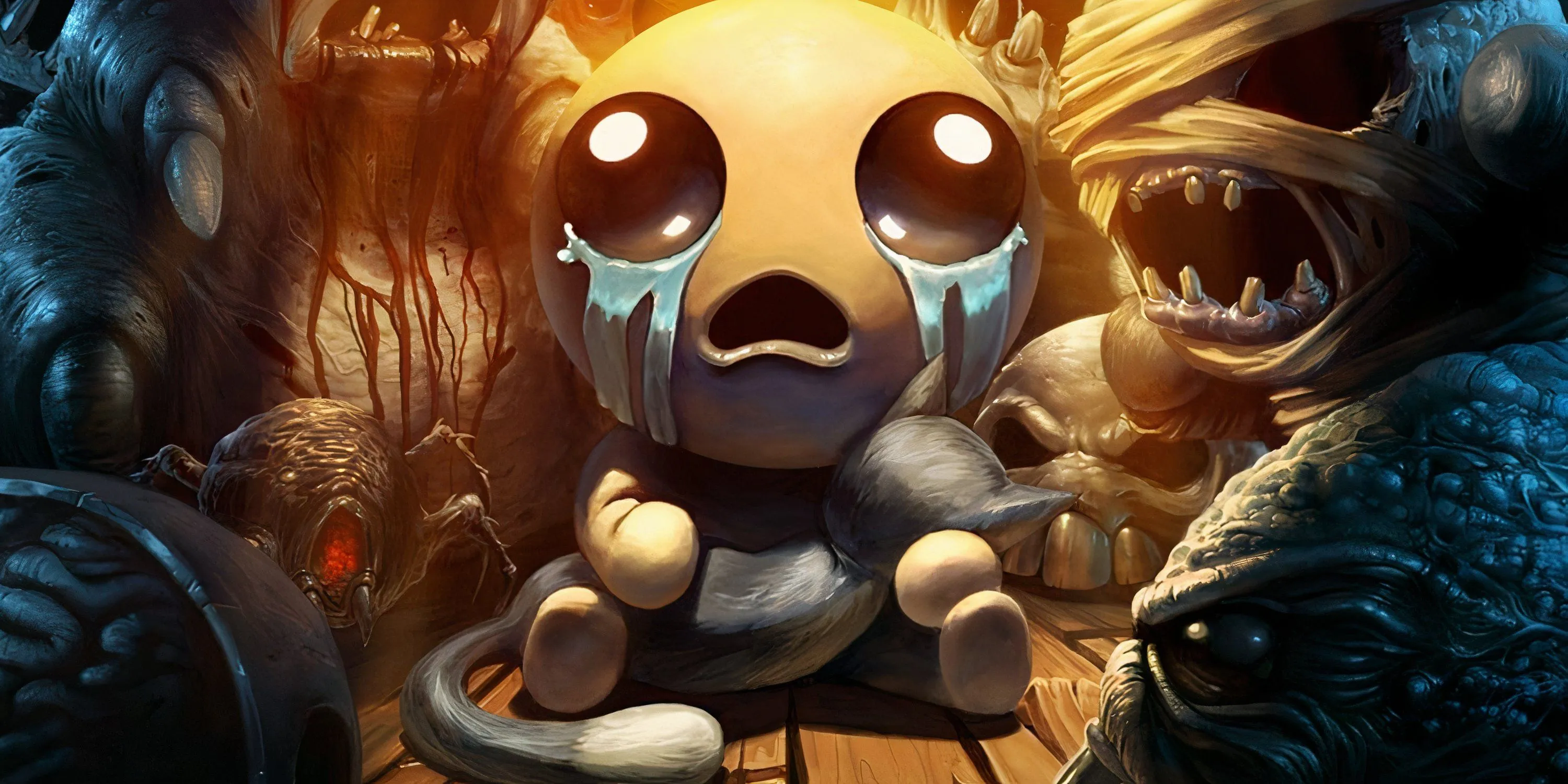 Isaac, nhân vật chính trong The Binding of Isaac, ôm một con mèo trong khi bị kẻ thù bao vây, thể hiện sự dễ bị tổn thương của cậu bé.