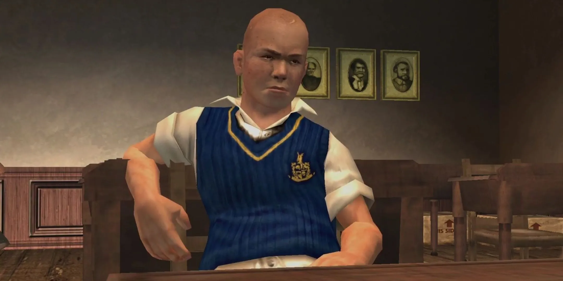 Jimmy Hopkins ngồi thư giãn trong lớp học ở Bully, khắc họa không khí học đường đầy rắc rối của game.