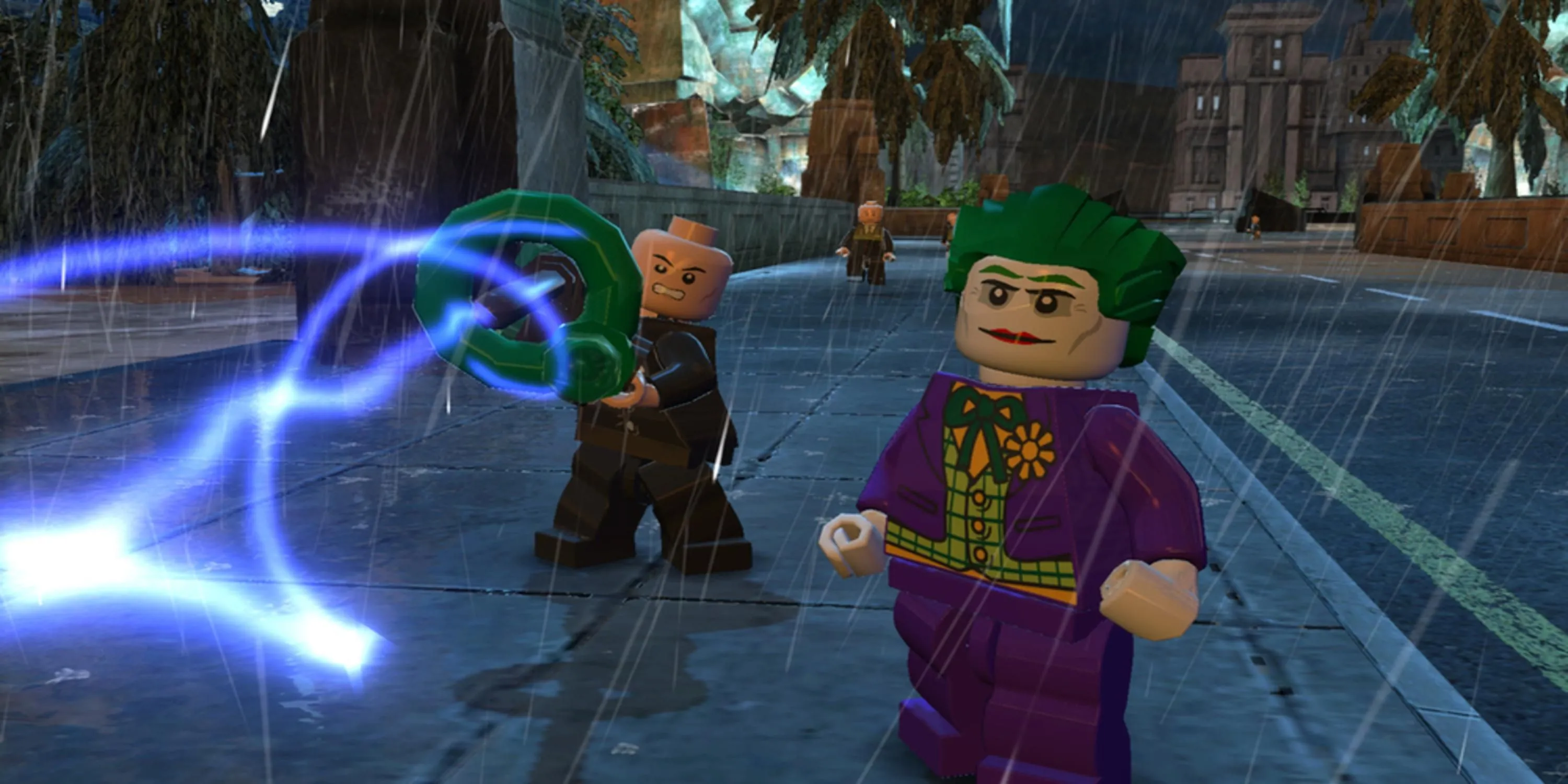 Joker và tay sai đang đứng trên đường bắn súng laser trong Lego Batman 2 DC Super Heroes