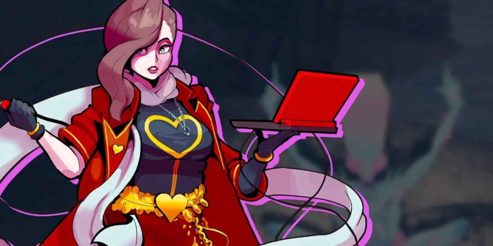 Lady Love Dies từ Paradise Killer, một nhân vật đầy phong cách với vẻ ngoài bí ẩn, nhìn thẳng về phía trước.