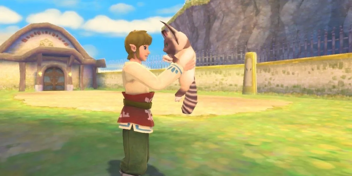 Link cầm một chú Remlit nhỏ dễ thương, chuẩn bị ném xuống vực Skyloft trong The Legend of Zelda: Skyward Sword.