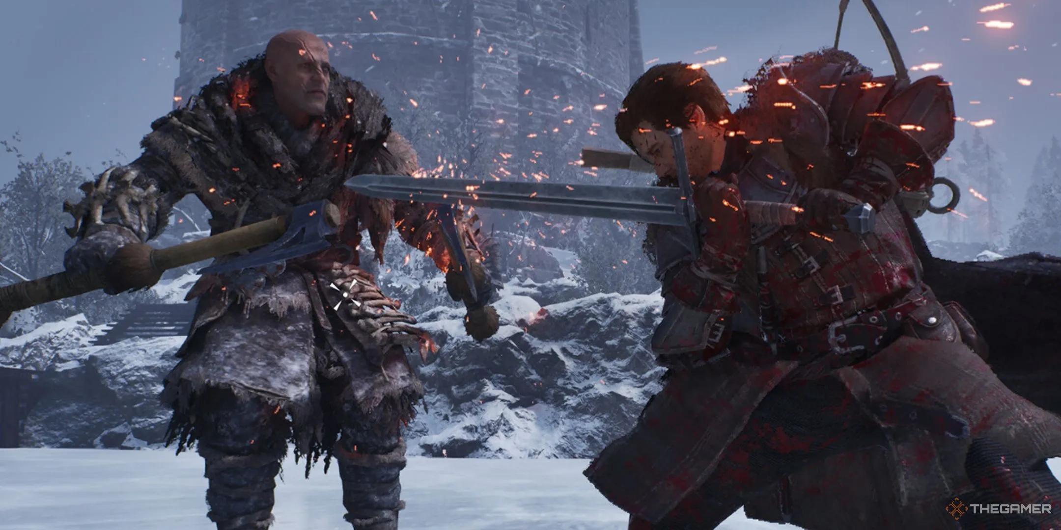 Lối chơi của Game of Thrones: Kingsroad với nhân vật chiến đấu cùng người khổng lồ trong bối cảnh tuyết phủ