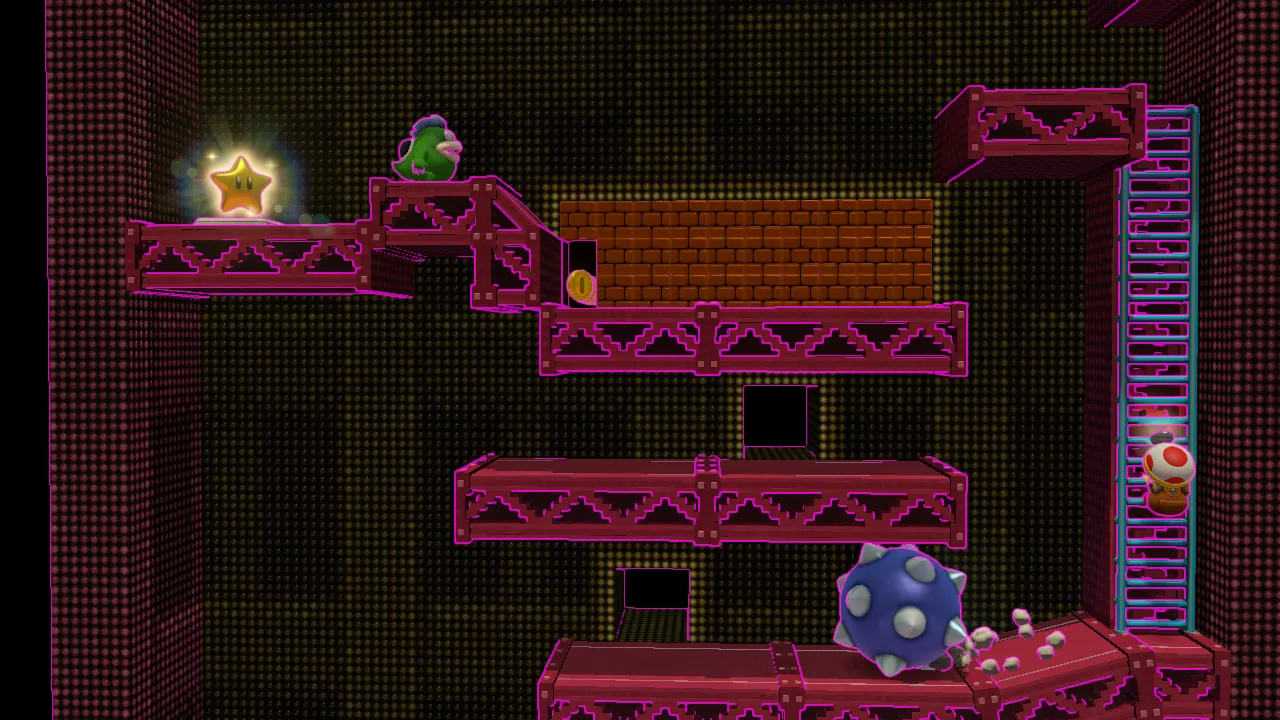 Màn chơi Retro Ramp-Up trong Captain Toad: Treasure Tracker với phong cách gợi nhớ đến gameplay kinh điển của Donkey Kong.