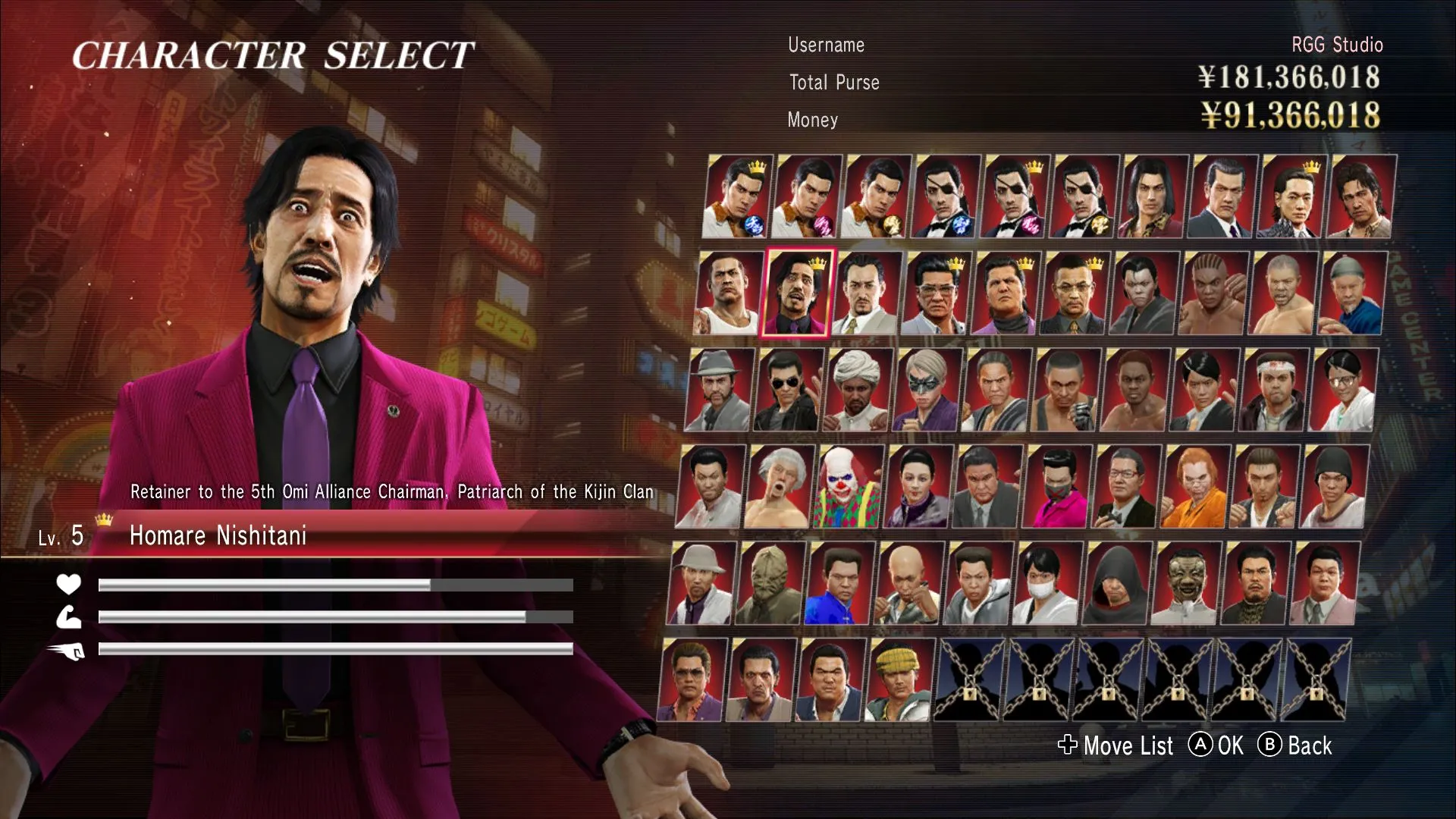 Màn hình chọn nhân vật trong chế độ Red Light Raid của Yakuza 0 Director's Cut trên Nintendo Switch 2, thể hiện sự đa dạng các nhân vật có thể điều khiển.