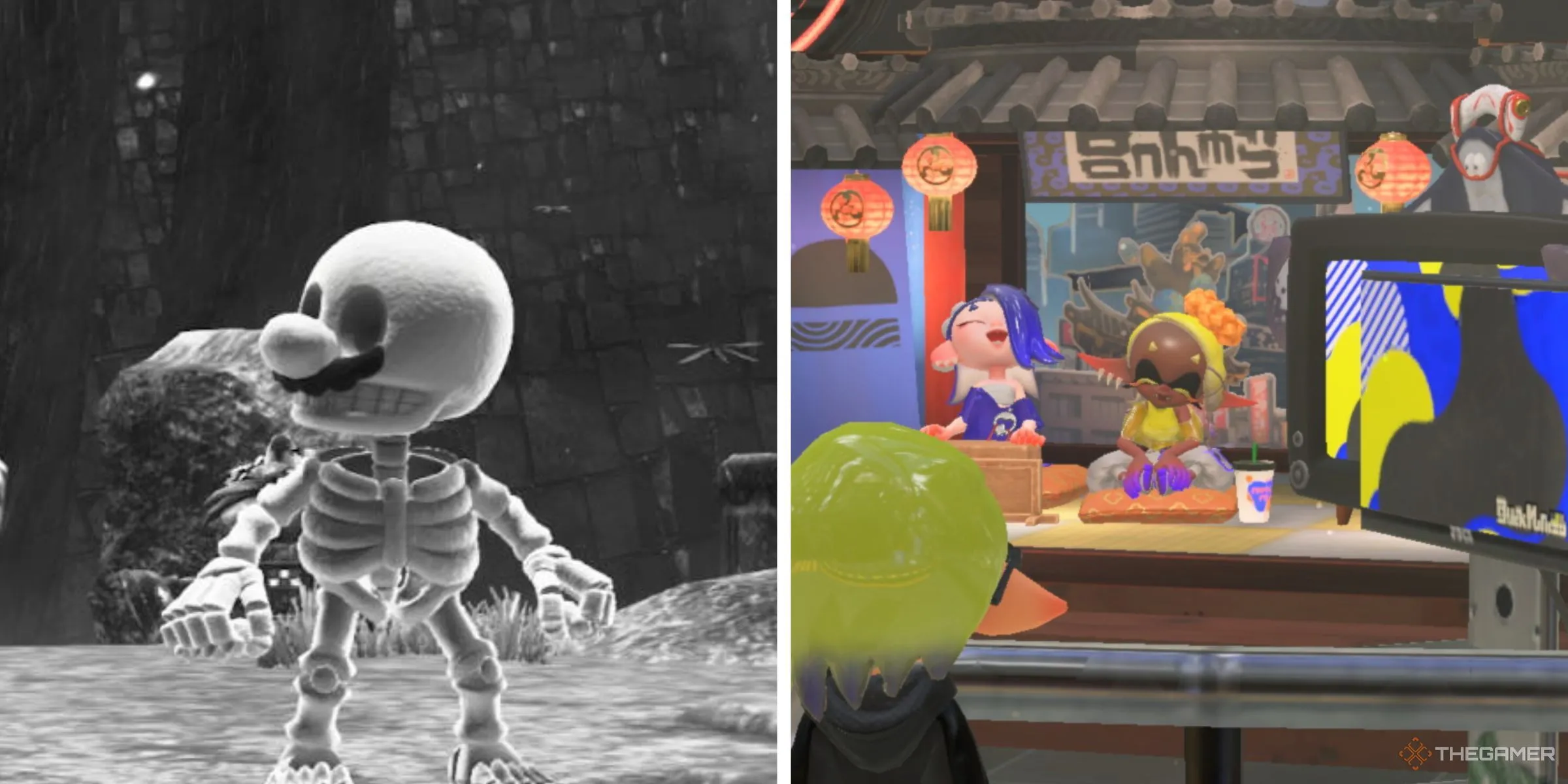 Mario trong trang phục bộ xương chụp ảnh đơn sắc ở Super Mario Odyssey và nhân vật người chơi ngắm nhìn Deep Cut trong Splatoon 3, thể hiện tính năng chế độ chụp ảnh.