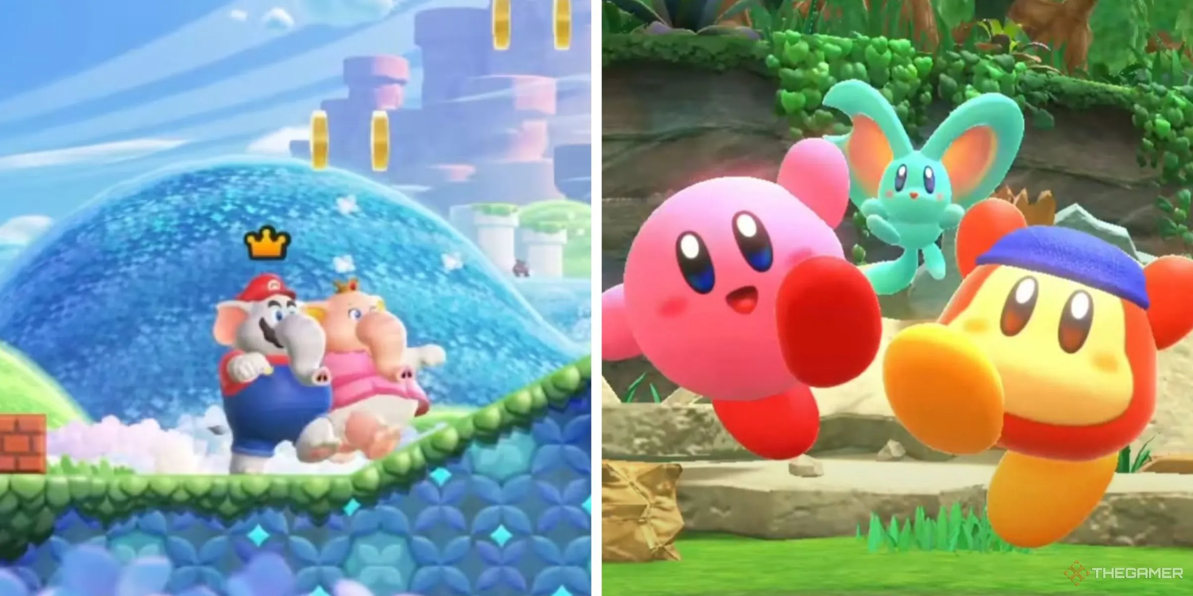 Mario và Peach voi trong Super Mario Bros. Wonder cùng Kirby và bạn bè ăn mừng chiến thắng trong Kirby and the Forgotten Land, minh họa trải nghiệm nhiều người chơi.