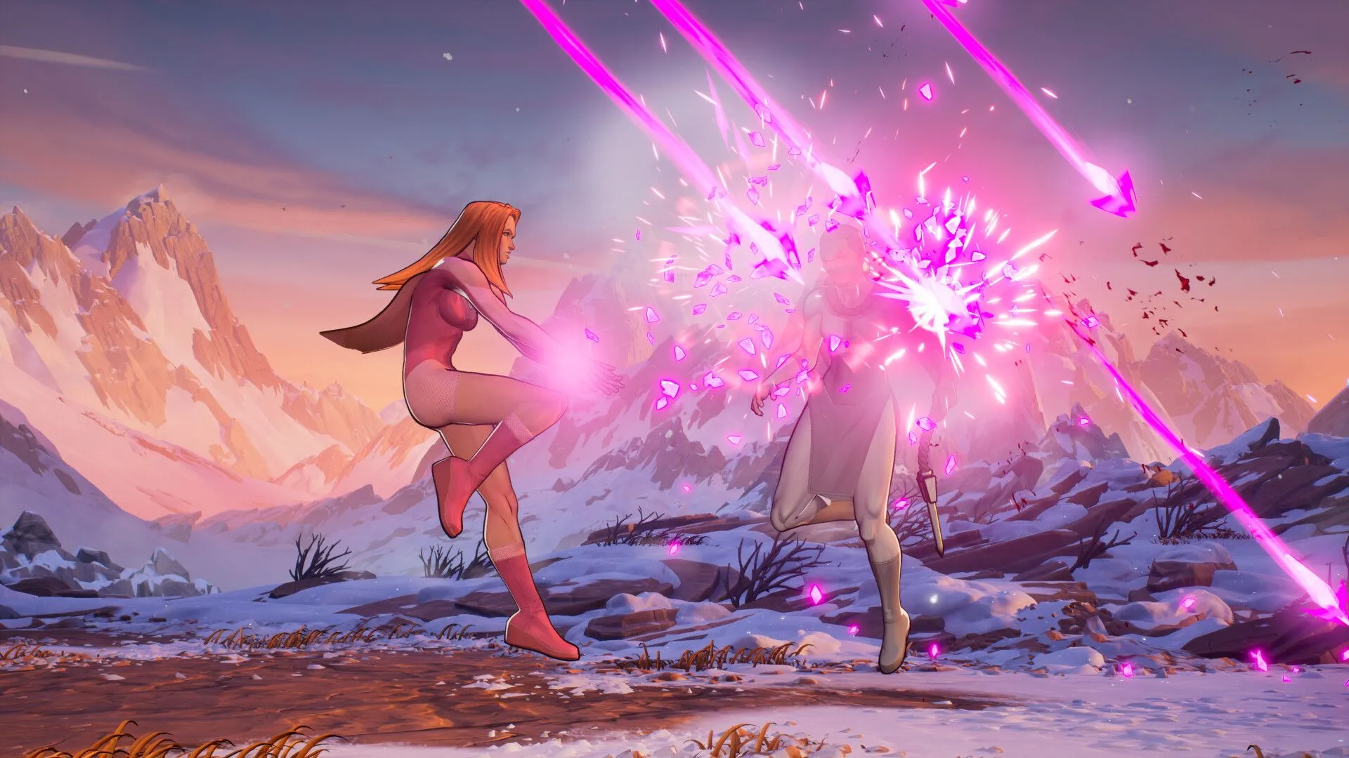 Mark Grayson thực hiện một combo trên không trong Invincible Vs, phô diễn khả năng bay lượn và chiến đấu.