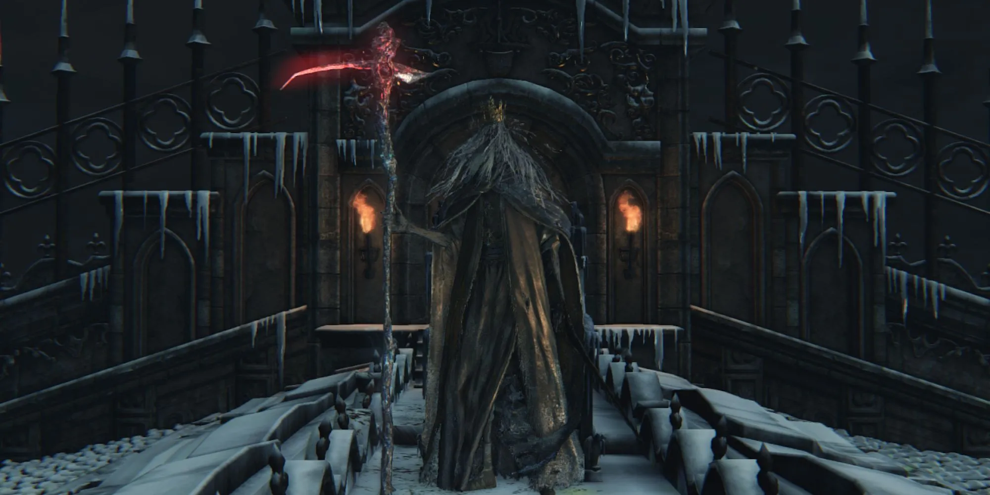Martyr Logarius uy nghi cầm lưỡi hái tại lâu đài Cainhurst trong Bloodborne.