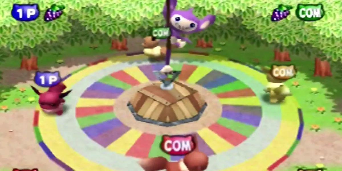 Mini game Eager Eevee trong Pokemon Stadium 2, nơi game thủ có thể khám phá các chi tiết ẩn, bao gồm cả sự xuất hiện của Donkey Kong trên TV.