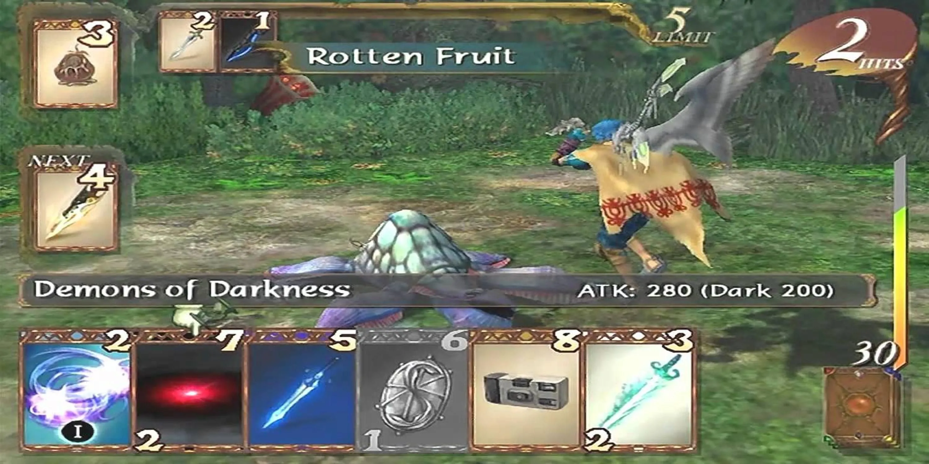 Một cảnh chiến đấu thẻ bài kịch tính trong Baten Kaitos Origins trên GameCube.