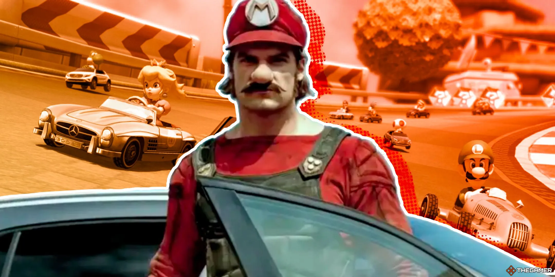 Một diễn viên đời thực hóa trang thành Mario từ quảng cáo Mercedes-Benz của Nhật Bản cho Mario Kart 8 với Luigi và Peach đua xe trong Mario Kart 8 trên các xe Mercedes-Benz.