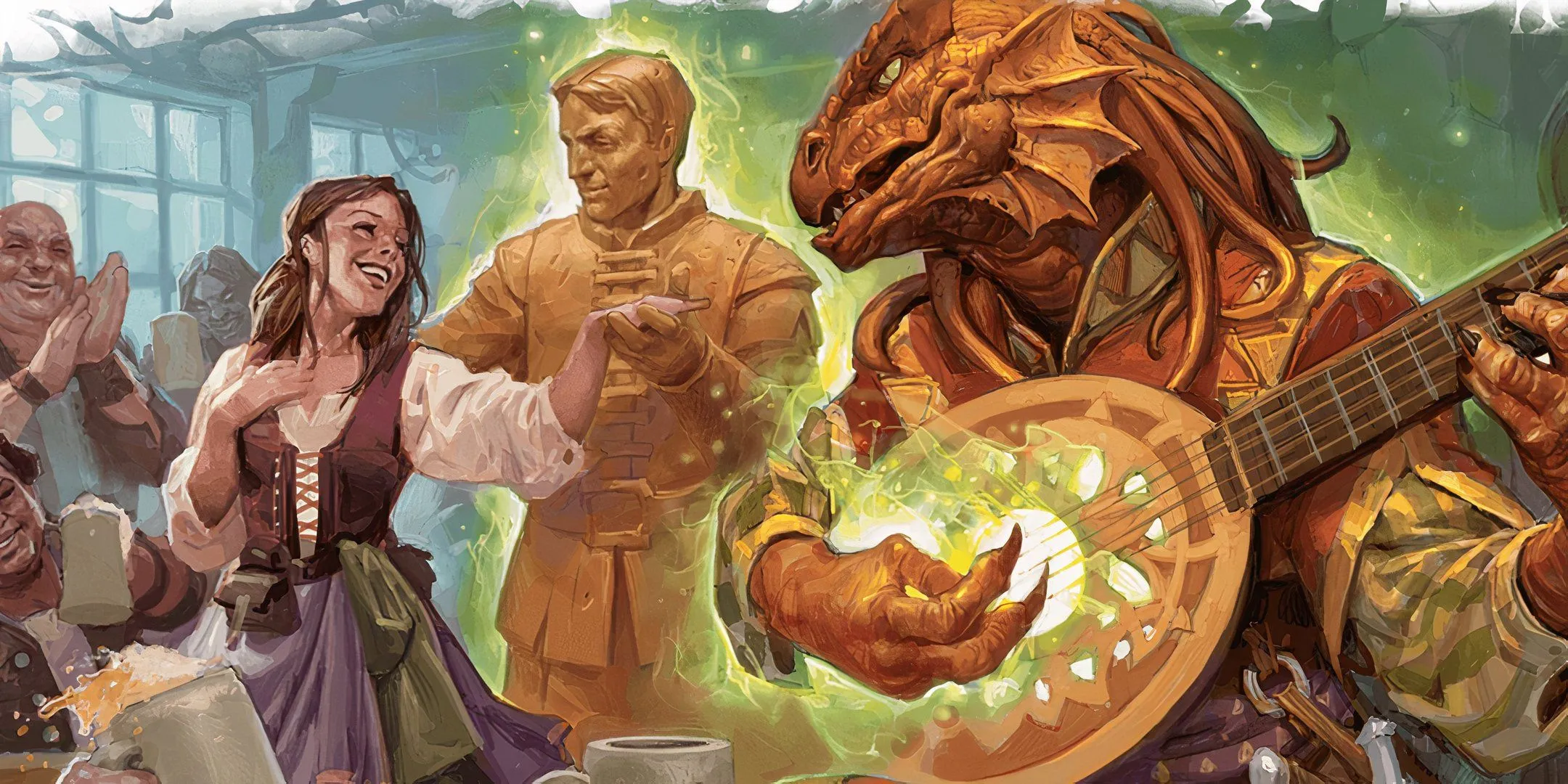 Một Dragonborn Bard đang biểu diễn nhạc cụ trên sân khấu.