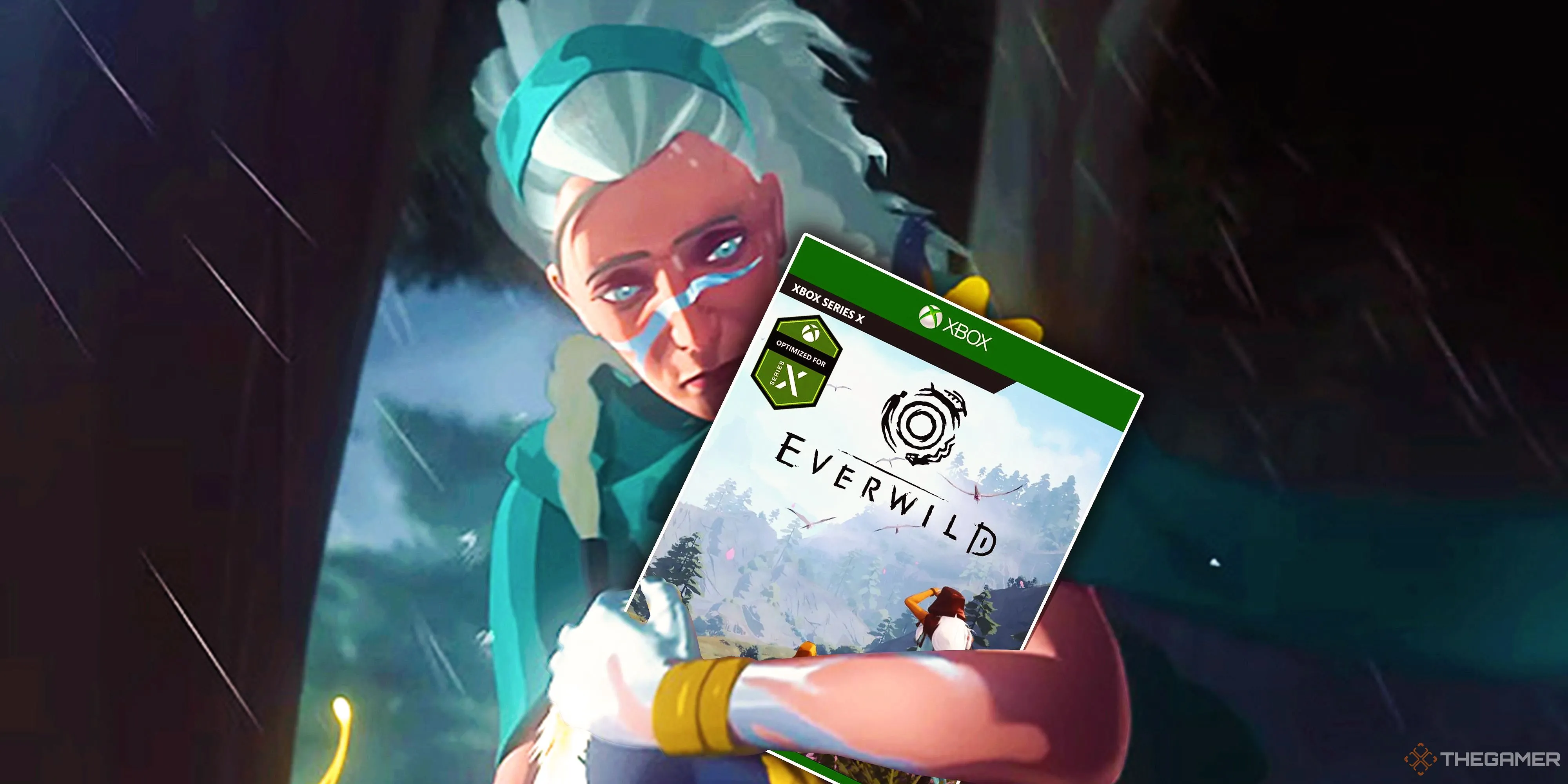 Một nhân vật từ game Everwild đang ôm hộp đĩa game Xbox Series X, tượng trưng cho dự án bị hủy bỏ.