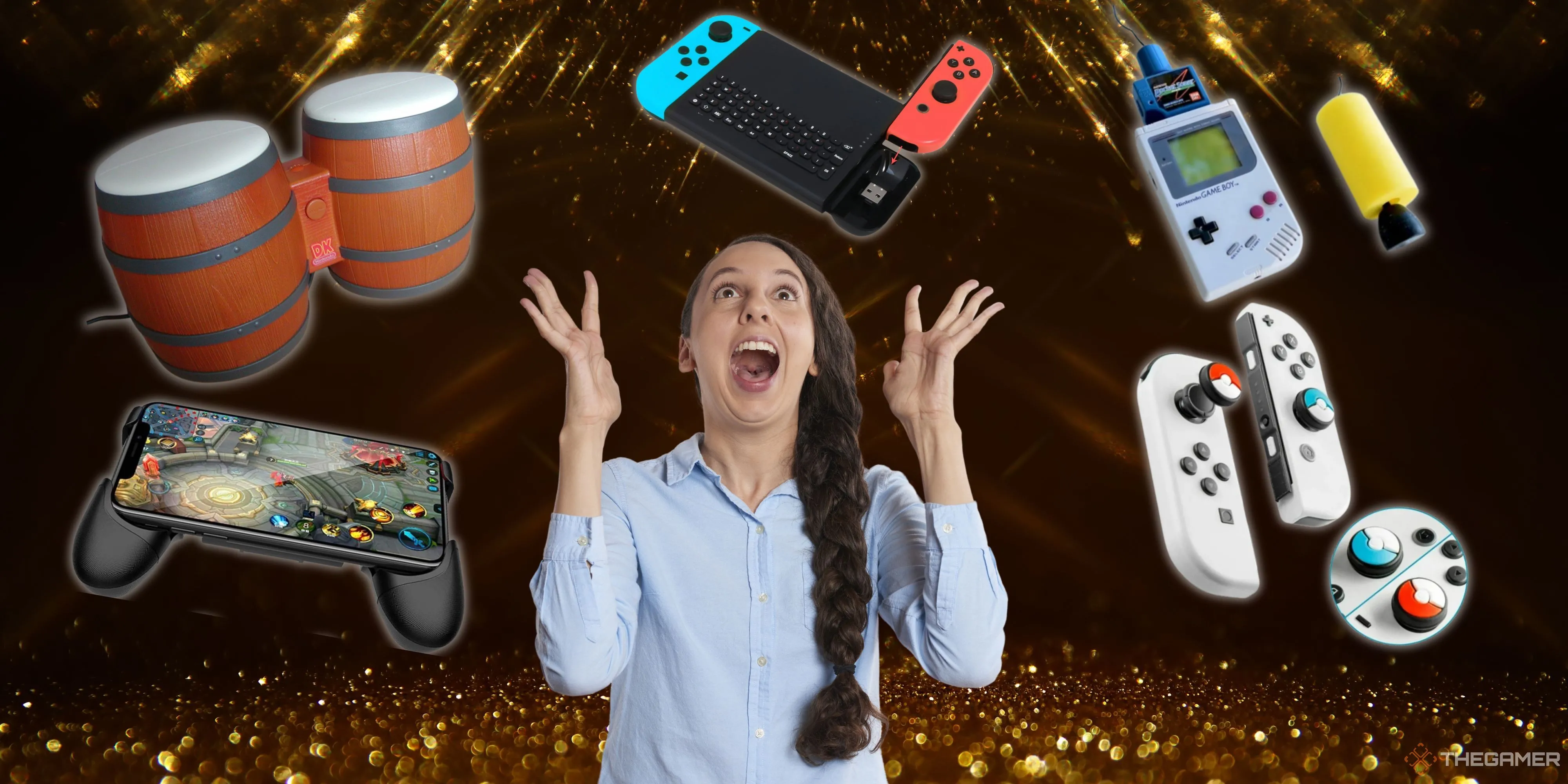 Một nữ game thủ với biểu cảm phấn khích giữa nhiều phụ kiện gaming, thể hiện niềm đam mê và trải nghiệm đa dạng của game thủ.