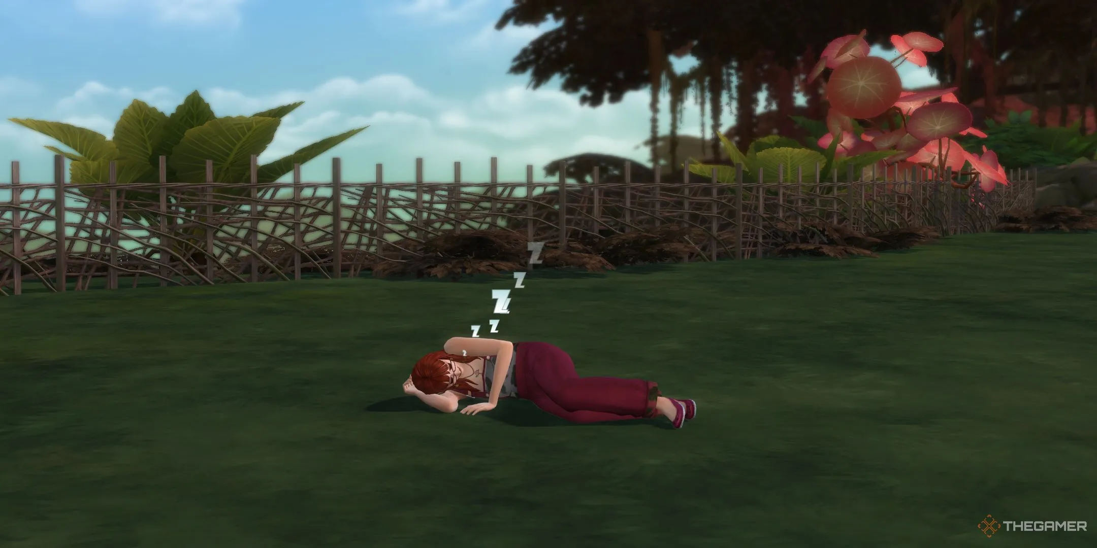 Một Sim đang ngủ trên sàn nhà trong The Sims 4 Enchanted By Nature