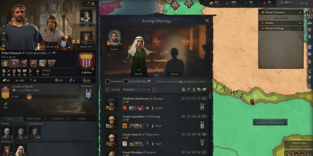 Một vị bá tước bắt đầu sắp xếp cuộc hôn nhân cho con gái mình trong Crusader Kings 3.