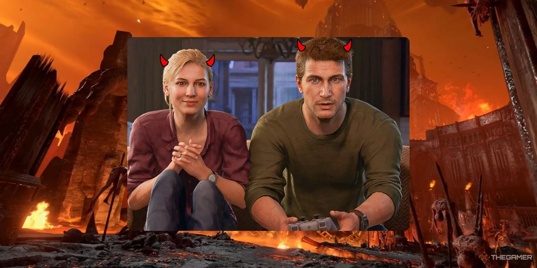 Nathan Drake và Elena với sừng đỏ đang chơi game Doom Eternal với hình ảnh Địa Ngục ở hậu cảnh.