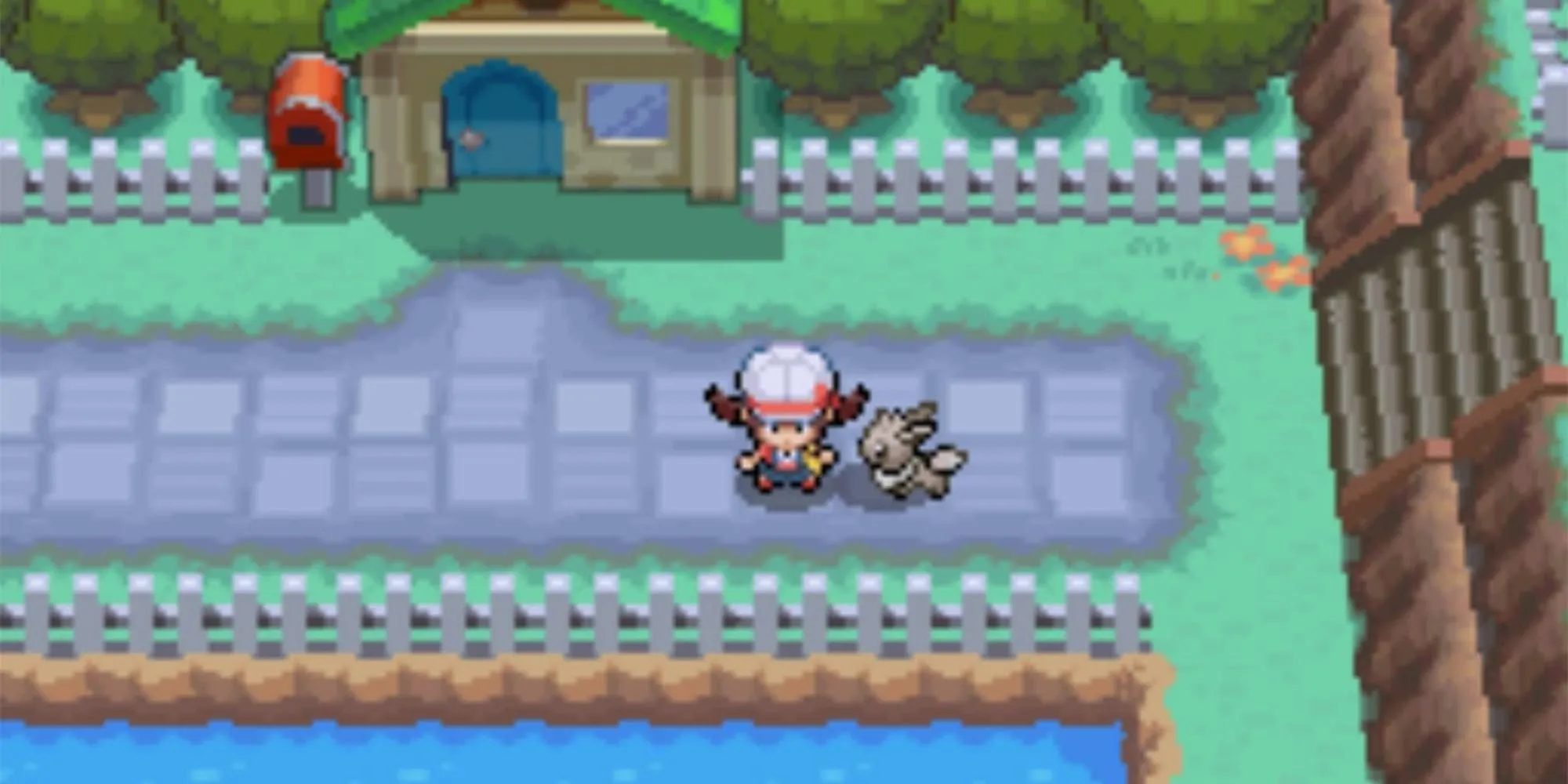 Người chơi đứng cùng Eevee bên cạnh trong Pokemon HeartGold, minh họa cho trải nghiệm huấn luyện Pokemon
