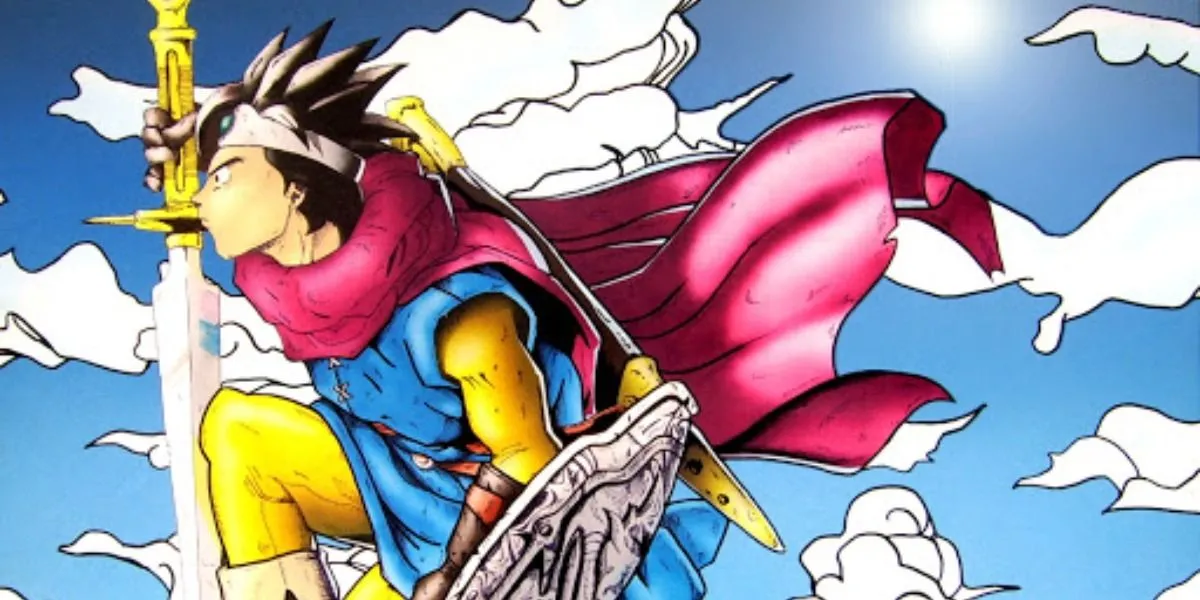 Người hùng Dragon Quest 3 (Dragon Warrior 3) ngẩng nhìn bầu trời trong khi cầm kiếm, thể hiện tinh thần phiêu lưu của một JRPG kinh điển.