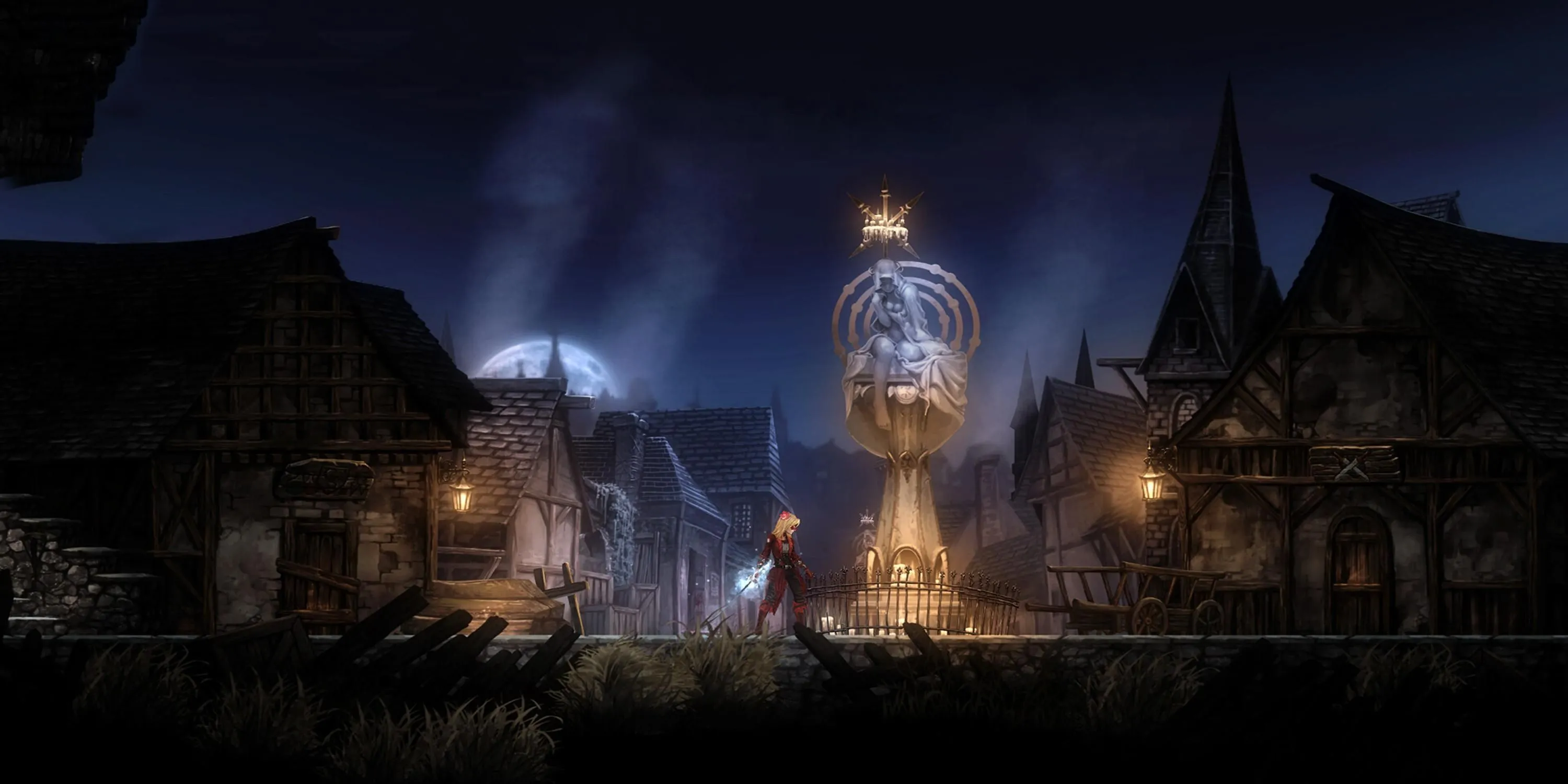 Nhân vật chính Leila đứng cạnh đài phun nước trong thị trấn hoang tàn của Vigil The Longest Night
