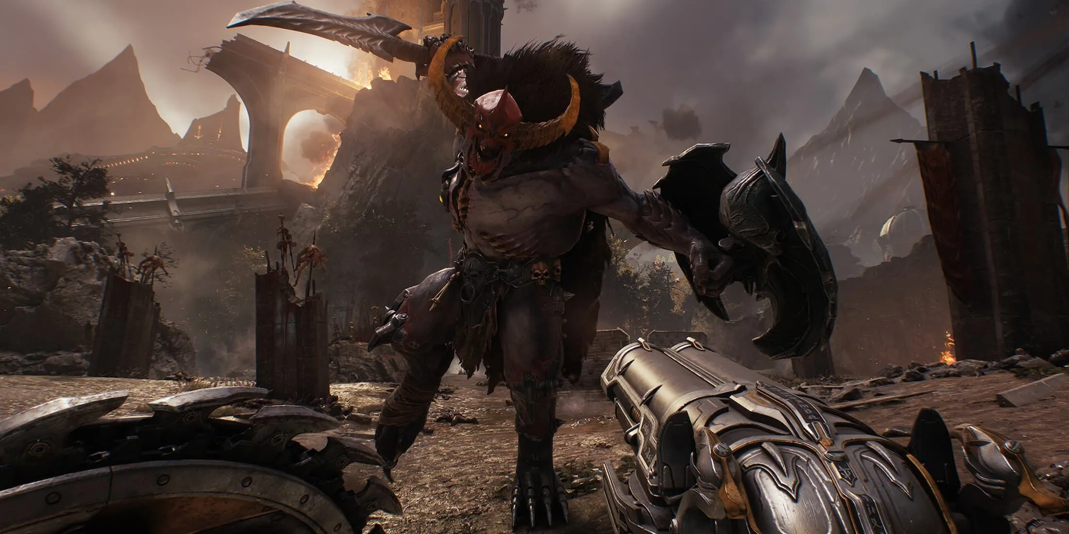 Nhân vật chính sử dụng khiên và Super Shotgun trong Doom: The Dark Ages