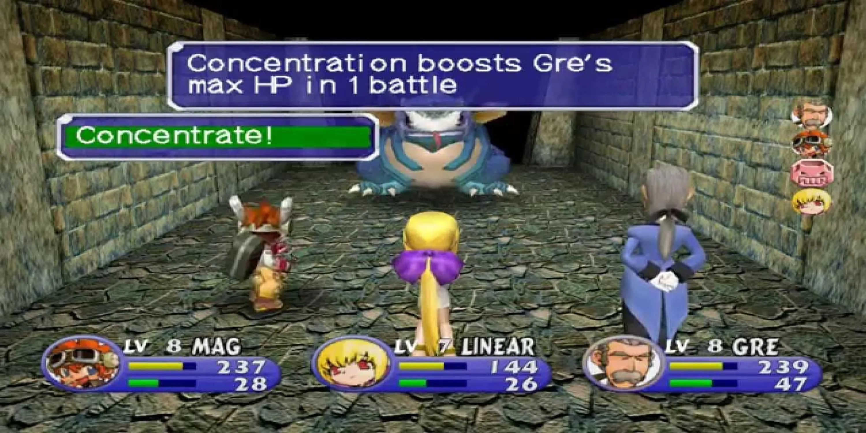 Nhân vật Mag Launcher cùng robot Gre chiến đấu trong hầm ngục của Evolution Worlds, game RPG GameCube nhẹ nhàng.
