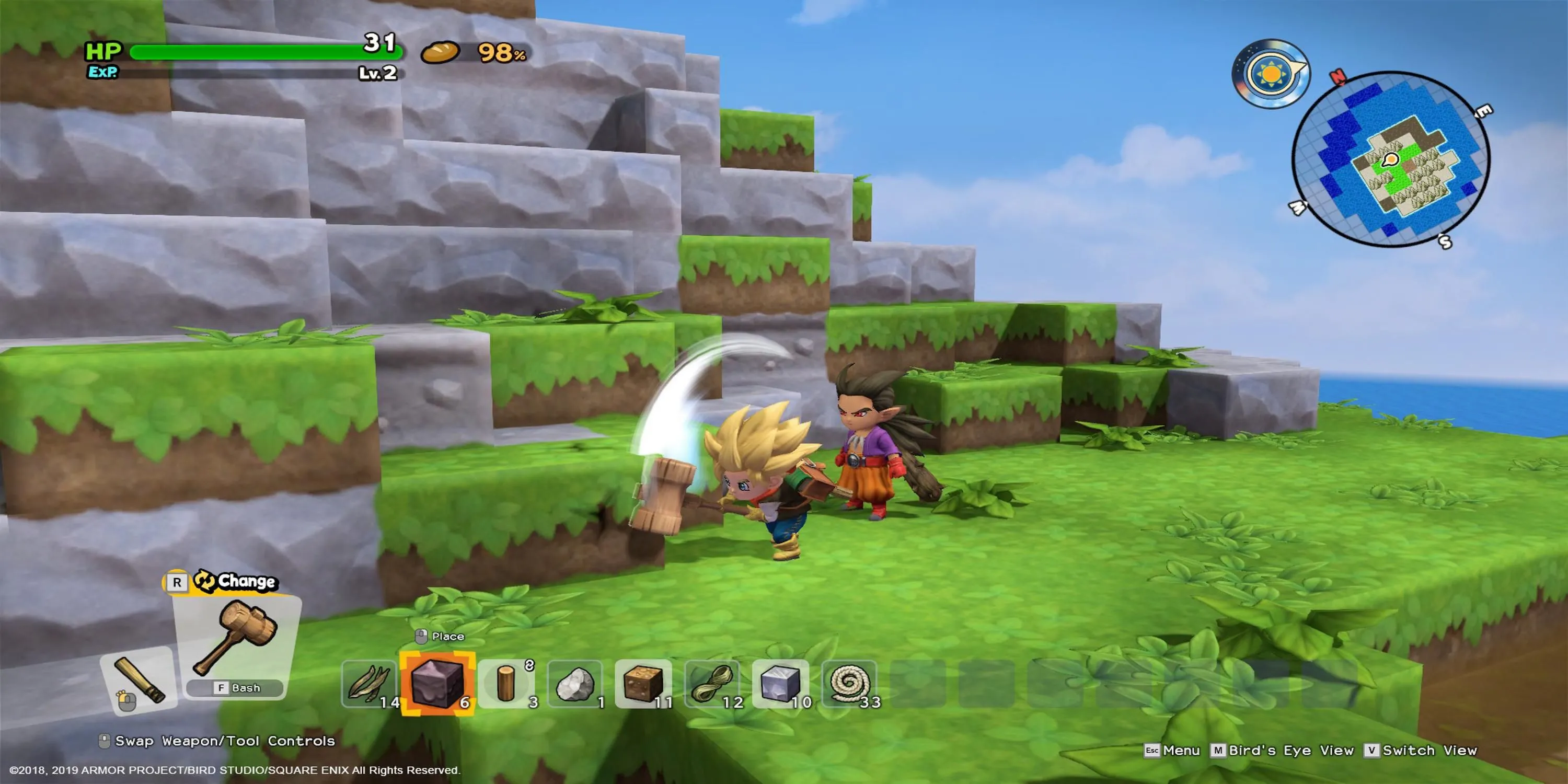 Nhân vật sử dụng búa phá khối vật liệu trong Dragon Quest Builders 2, thể hiện yếu tố xây dựng