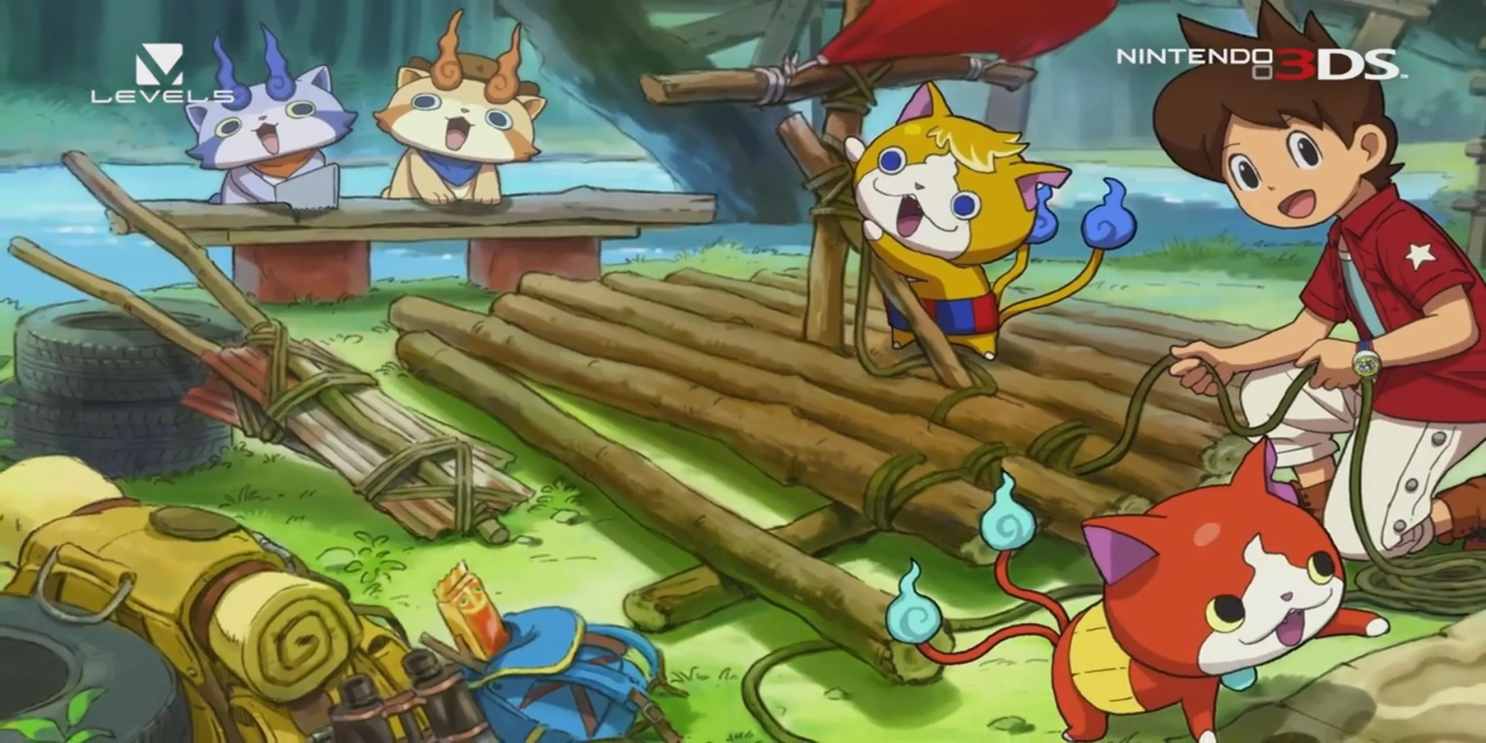 Nhân vật xây bè với đàn mèo con trong game Yo-kai Watch 3, thể hiện sự kỳ quặc và đáng yêu của game