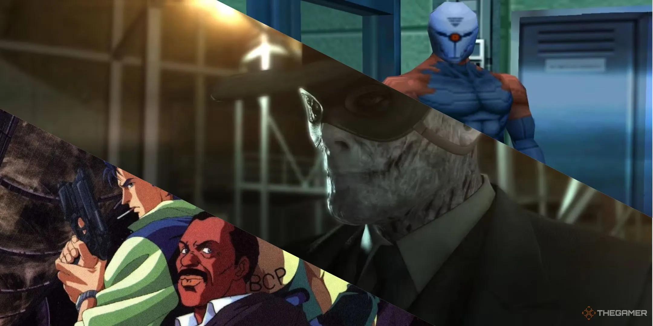 Nhiều nhân vật từ Policenauts cùng nhau, Skull Face trong Metal Gear Solid 5, và Gray Fox trong Metal Gear Solid, từ trái sang phải.