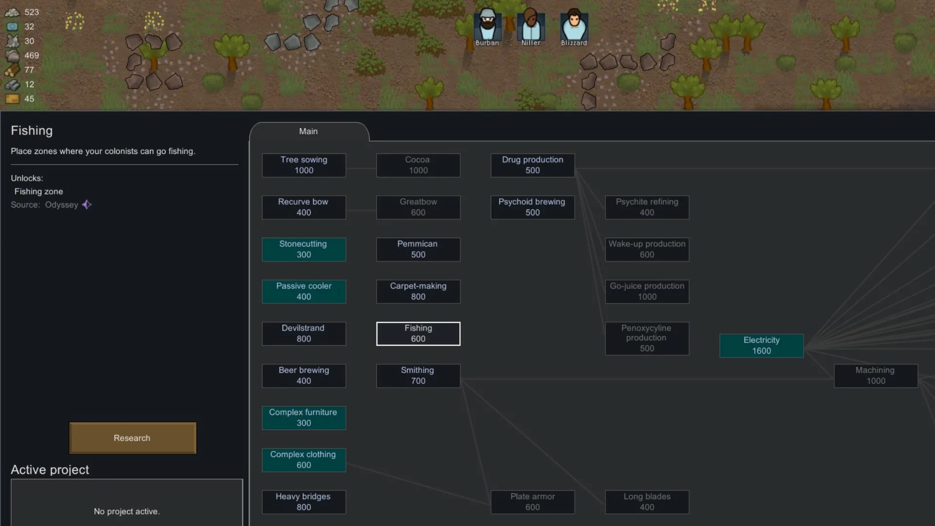 Nút nghiên cứu Fishing Node trong cây công nghệ của RimWorld Odyssey, hiển thị điểm nghiên cứu cần thiết