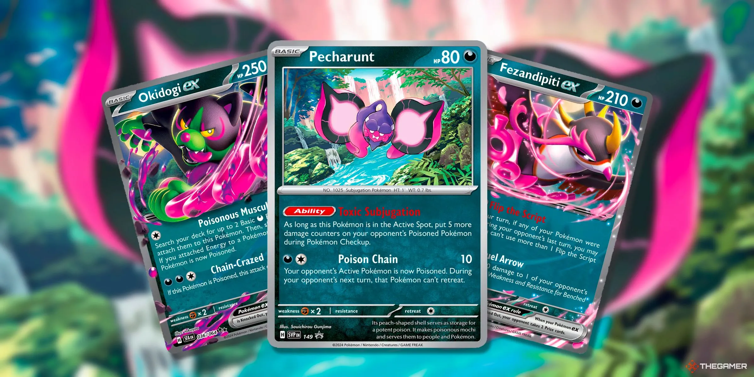 Okidogi EX, Pecharunt và Fezandipiti EX, bộ ba Loyal Three và Pokemon Thần thoại Pecharunt trên thẻ bài TCG.