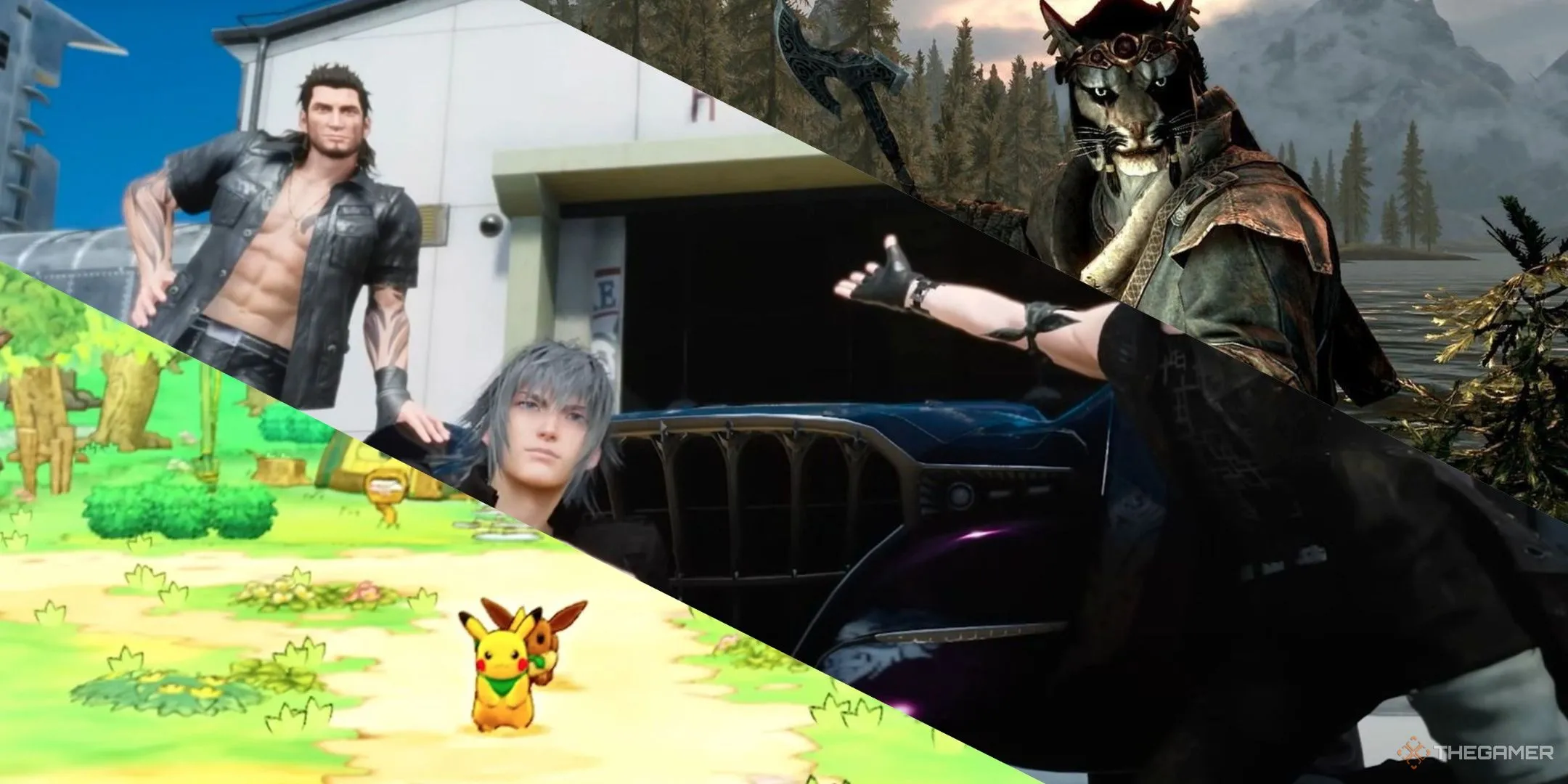 Pikachu và Eevee trong Pokemon Mystery Dungeon, Noctis và Gladio tạo dáng cùng Regalia trong Final Fantasy 15, Khajiit cầm rìu trong Skyrim