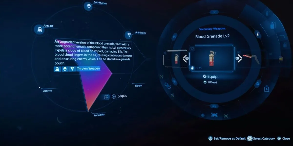 Quả lựu đạn máu cấp 2 (Blood Grenade Lv2) trong Death Stranding 2, tạo ra sương mù đỏ gây sát thương BTs và kẻ thù