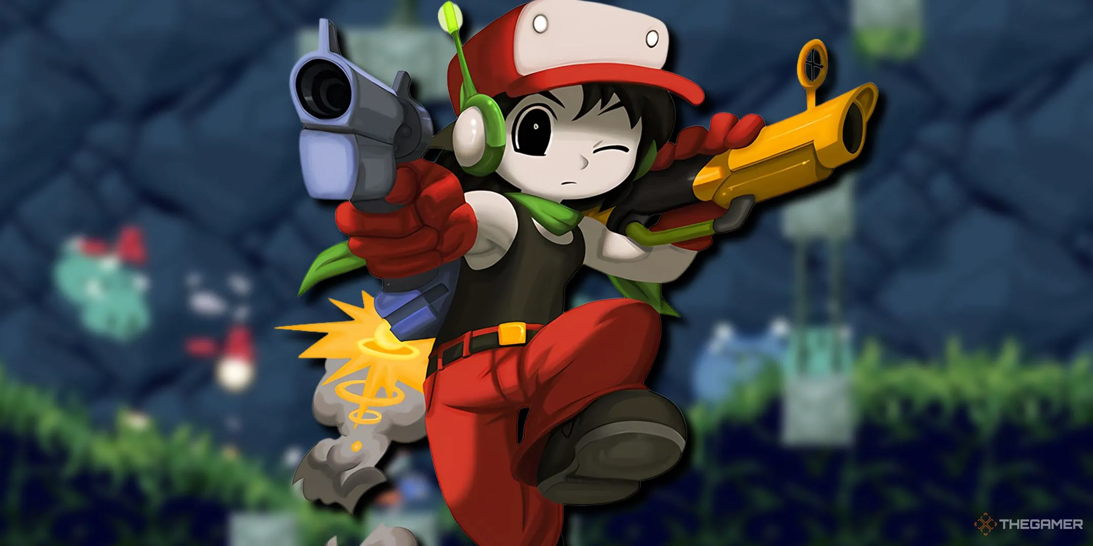 Quote, người hùng thầm lặng từ Cave Story, sẵn sàng chiến đấu với vũ khí của mình.