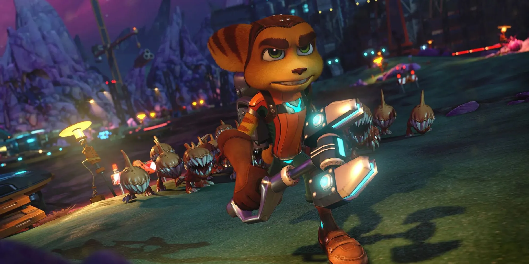 Ratchet chạy trốn khỏi người ngoài hành tinh trong bản reboot Ratchet and Clank 2016, thể hiện lối chơi hành động của game.