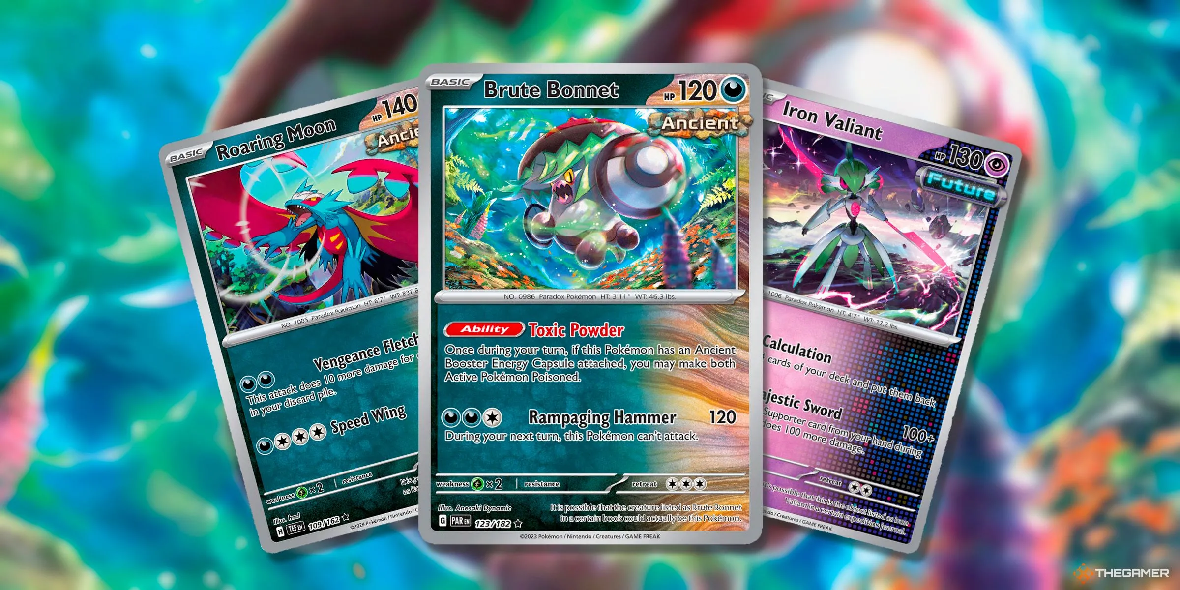 Roaring Moon, Brute Bonnet và Iron Valiant, các Paradox Pokemon từ Pokemon Scarlet &amp; Violet trên thẻ bài TCG.