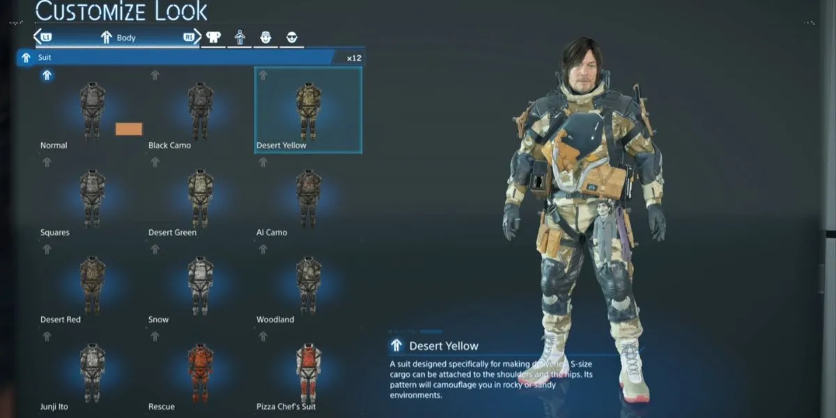Sam Porter Bridges trong bộ Desert Yellow Suit trong Death Stranding 2: On the Beach