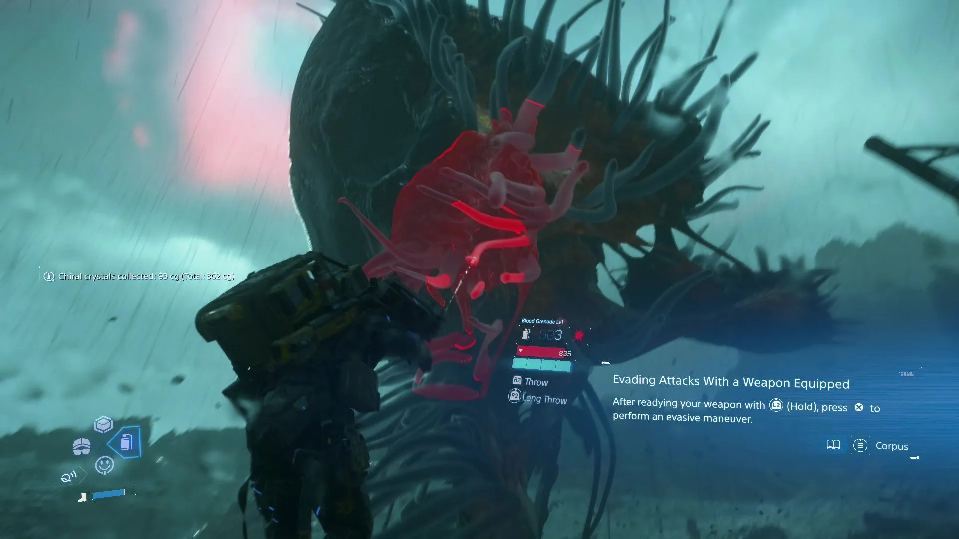 Sam Porter Bridges tung lựu đạn máu chính xác vào điểm yếu của Giant BT trong Death Stranding 2.