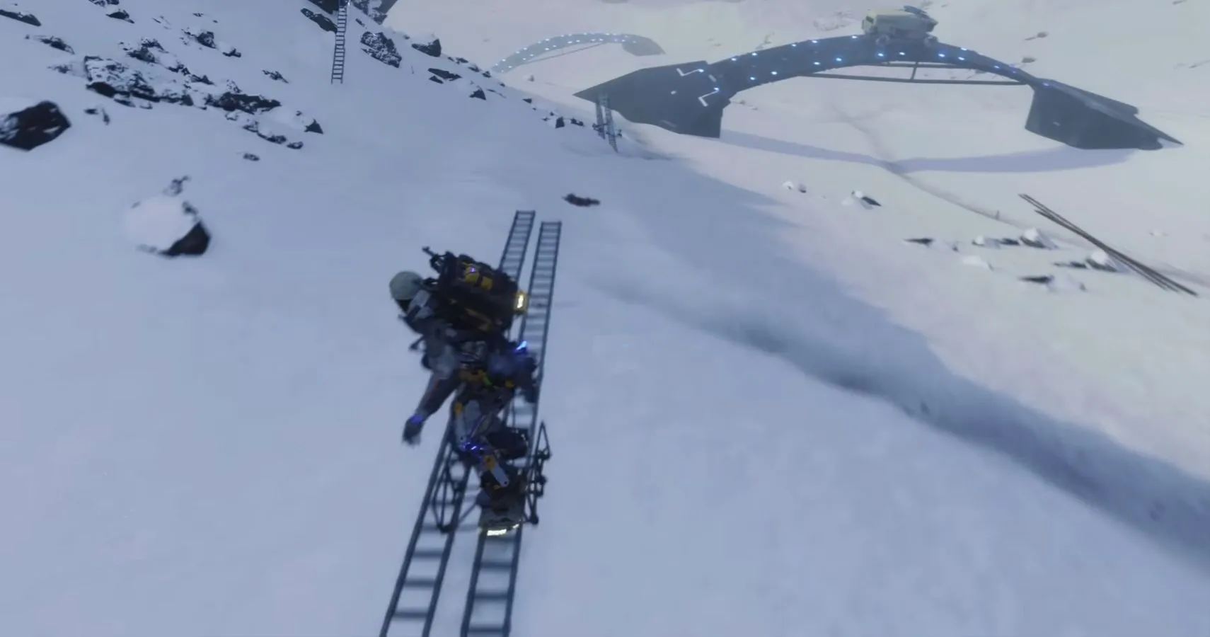 Sam &quot;trượt ván&quot; trên phương tiện hỗ trợ di chuyển trong Death Stranding.