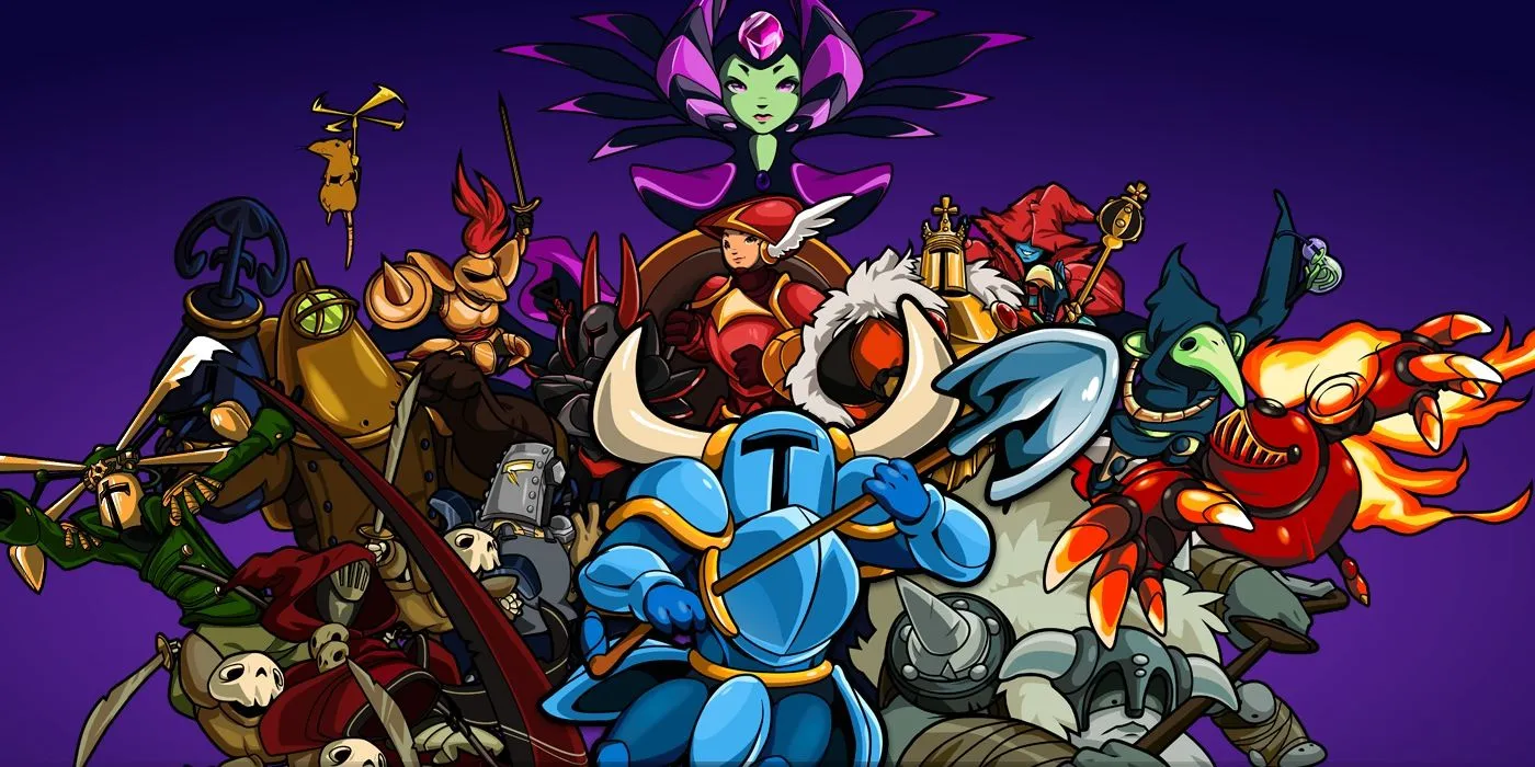 Shovel Knight, hiệp sĩ với chiếc xẻng, đứng kiên cường giữa một tập hợp các nhân vật và kẻ thù từ vũ trụ Shovel Knight trên nền màu tím.