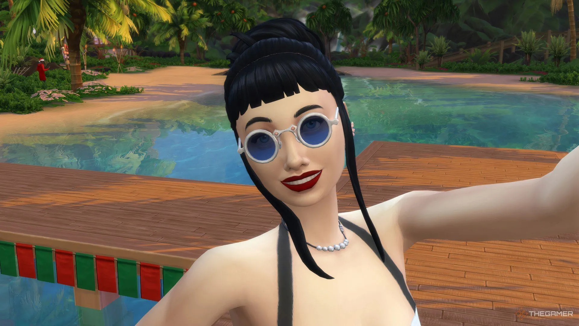 Sim chụp ảnh tự sướng trên bến tàu ở Sulani, khám phá thế giới biển đảo trong The Sims 4 Island Living.