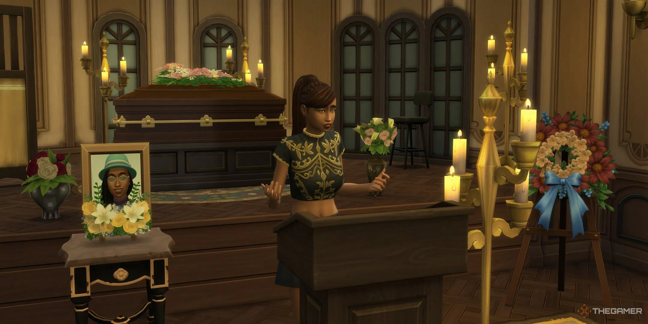 Sim đang chủ trì một đám tang, một hoạt động quan trọng trong bản mở rộng The Sims 4 Life &amp; Death.
