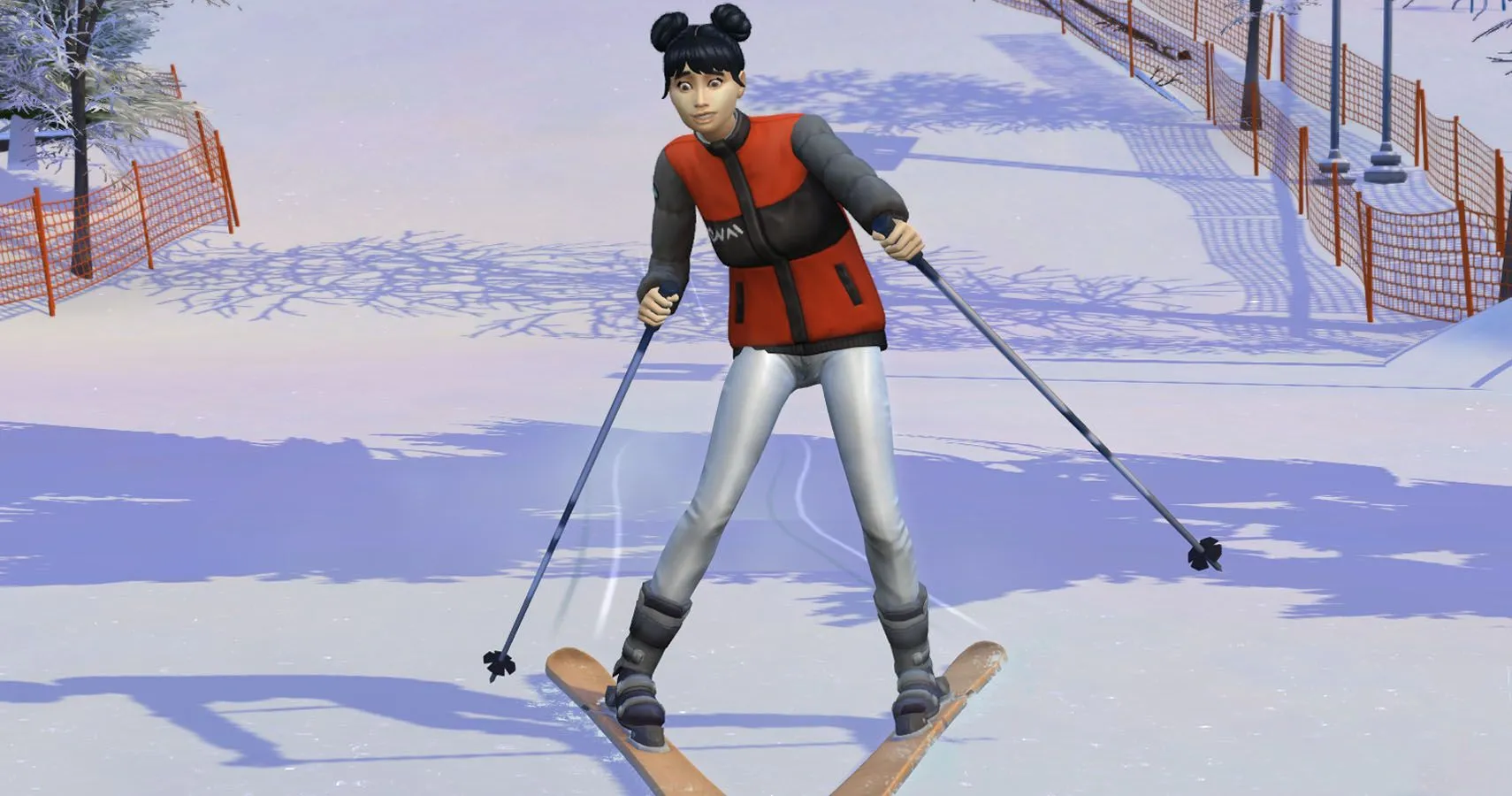 Sim trượt tuyết trên núi Komorebi với trang phục mùa đông, trải nghiệm từ The Sims 4 Snowy Escape.