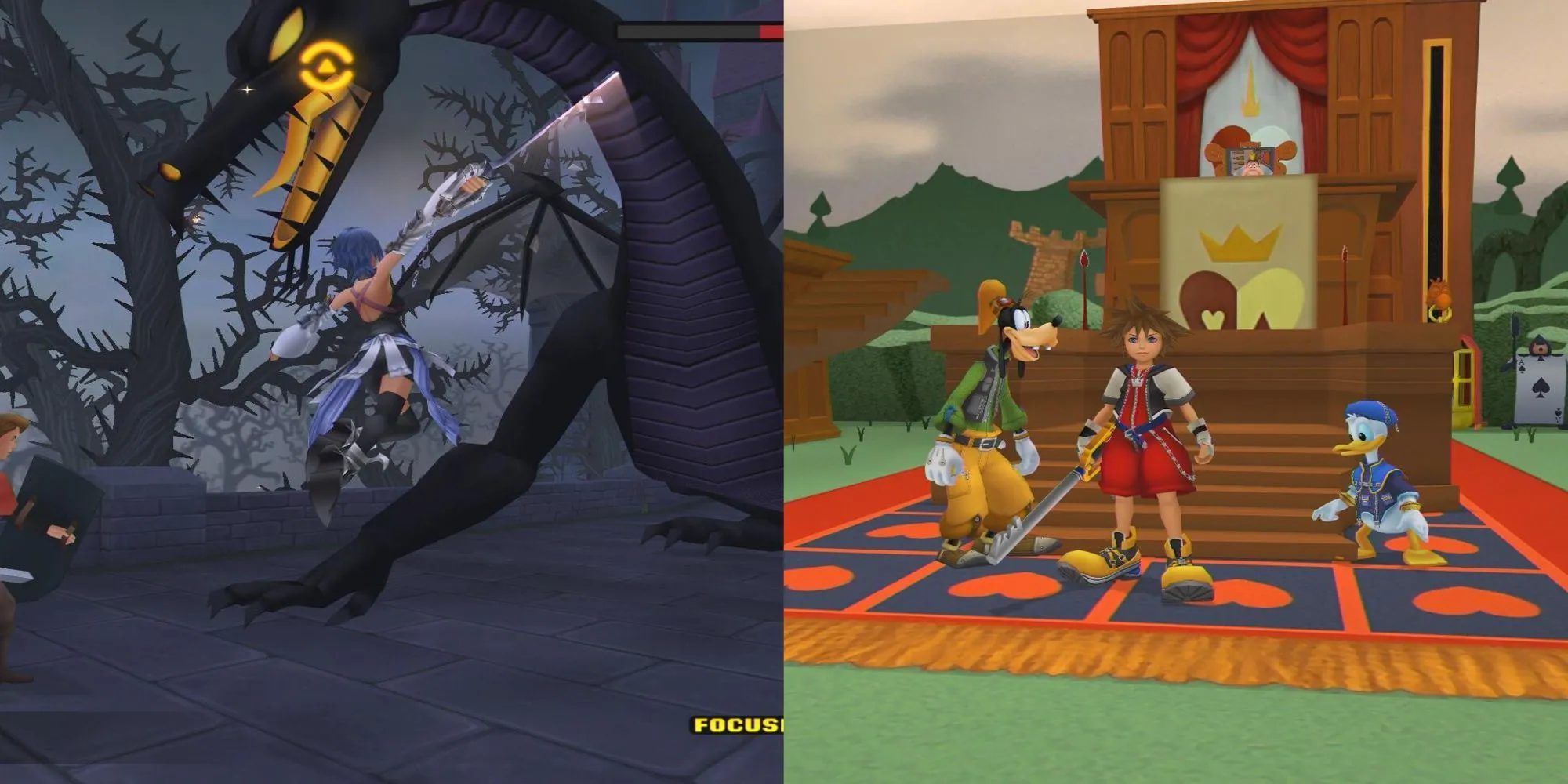 Sora, Goofy và Donald chiến đấu trong thế giới của Kingdom Hearts 2