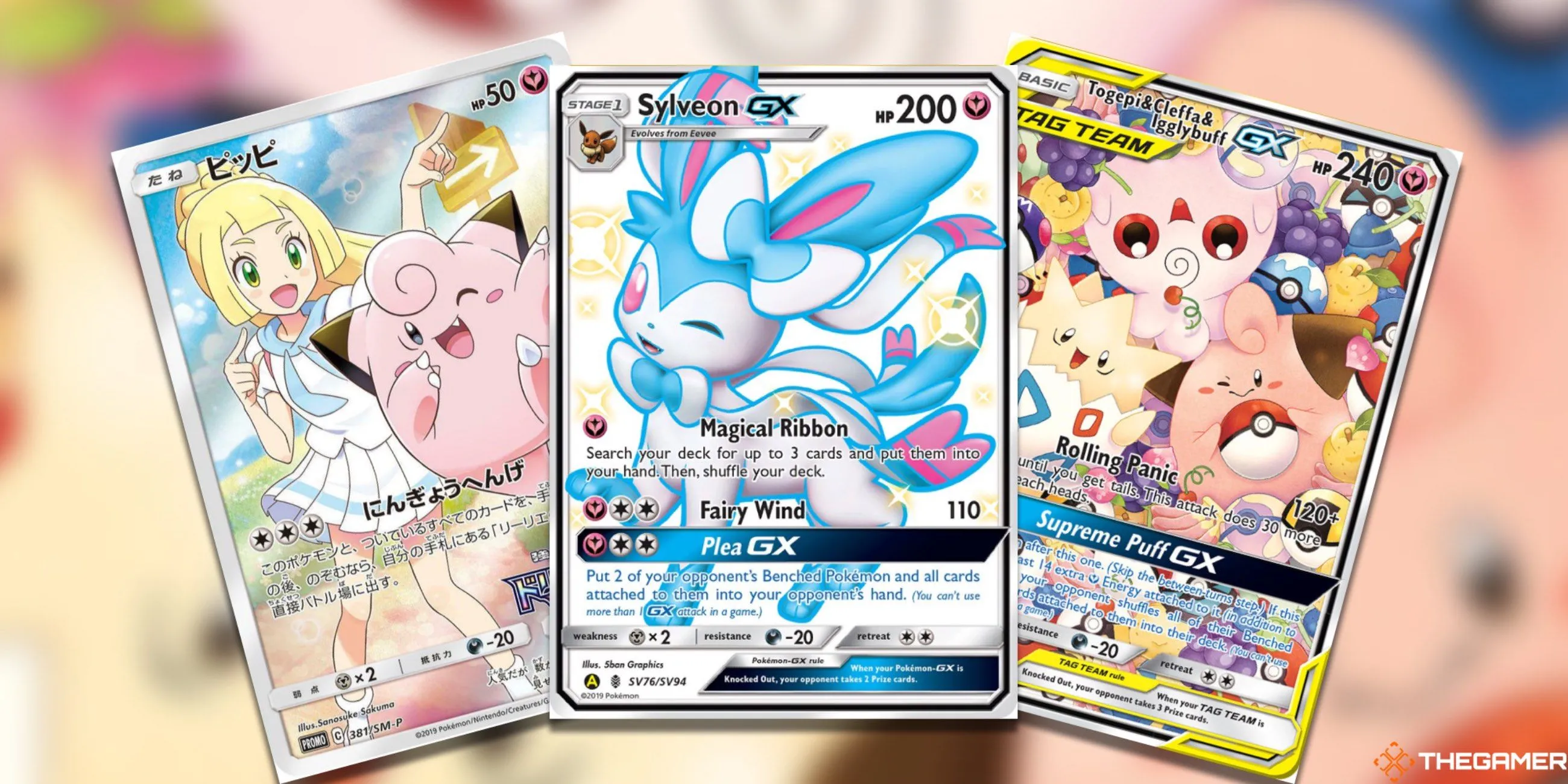 Thẻ bài Clefairy, Sylveon GX và Togepi &amp; Cleffa &amp; Igglybuff, các Pokemon hệ Tiên từ Pokemon TCG.