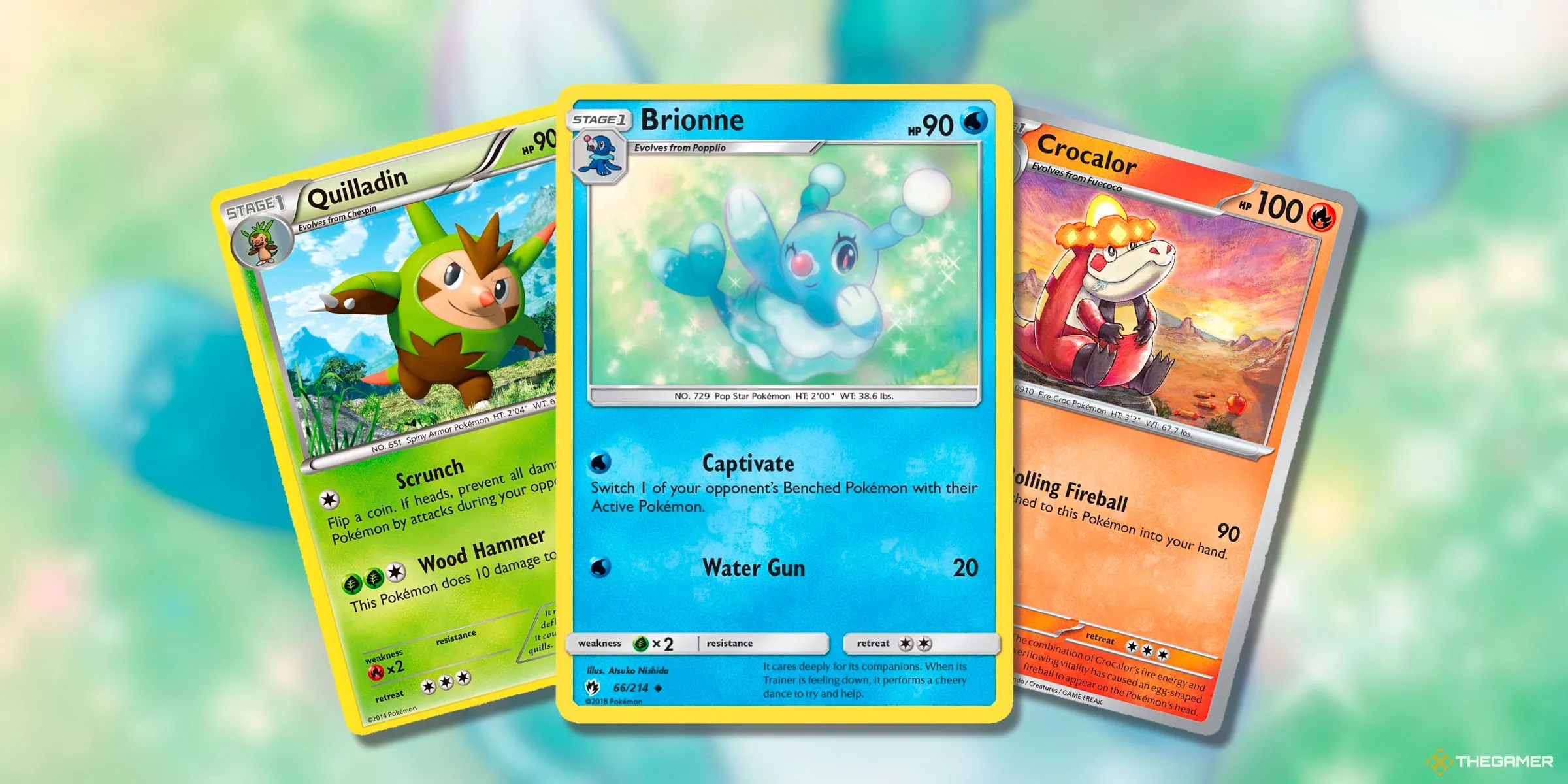 Thẻ bài của Quilladin, Brionne và Crocalor, những Starter Pokemon tiến hóa giữa thường bị &quot;lãng quên&quot; trong TCG.