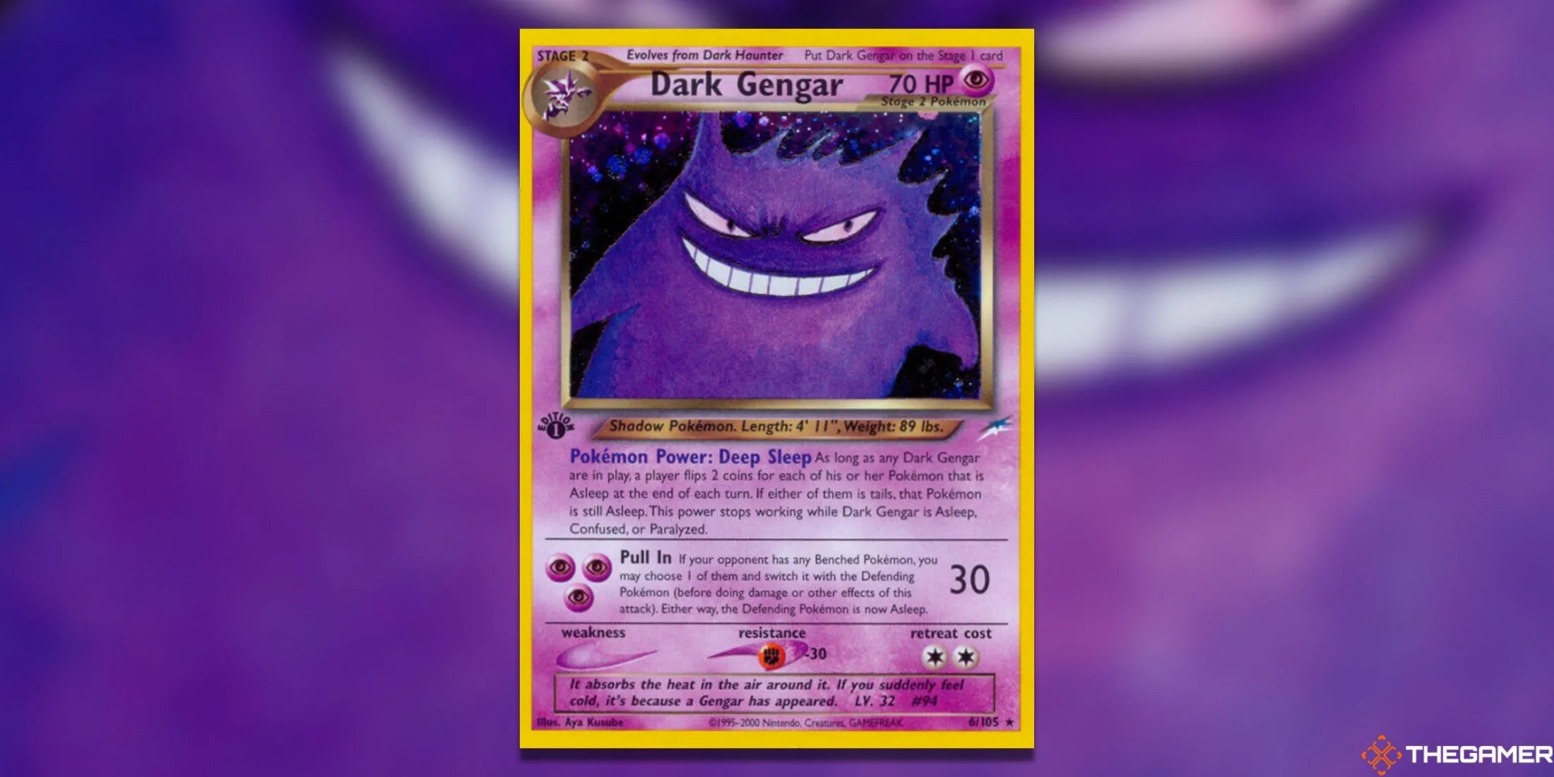 Thẻ bài Dark Gengar Holo Rare của Pokemon TCG, nằm trong bộ Neo Destiny, thể hiện sự đáng sợ của Gengar.